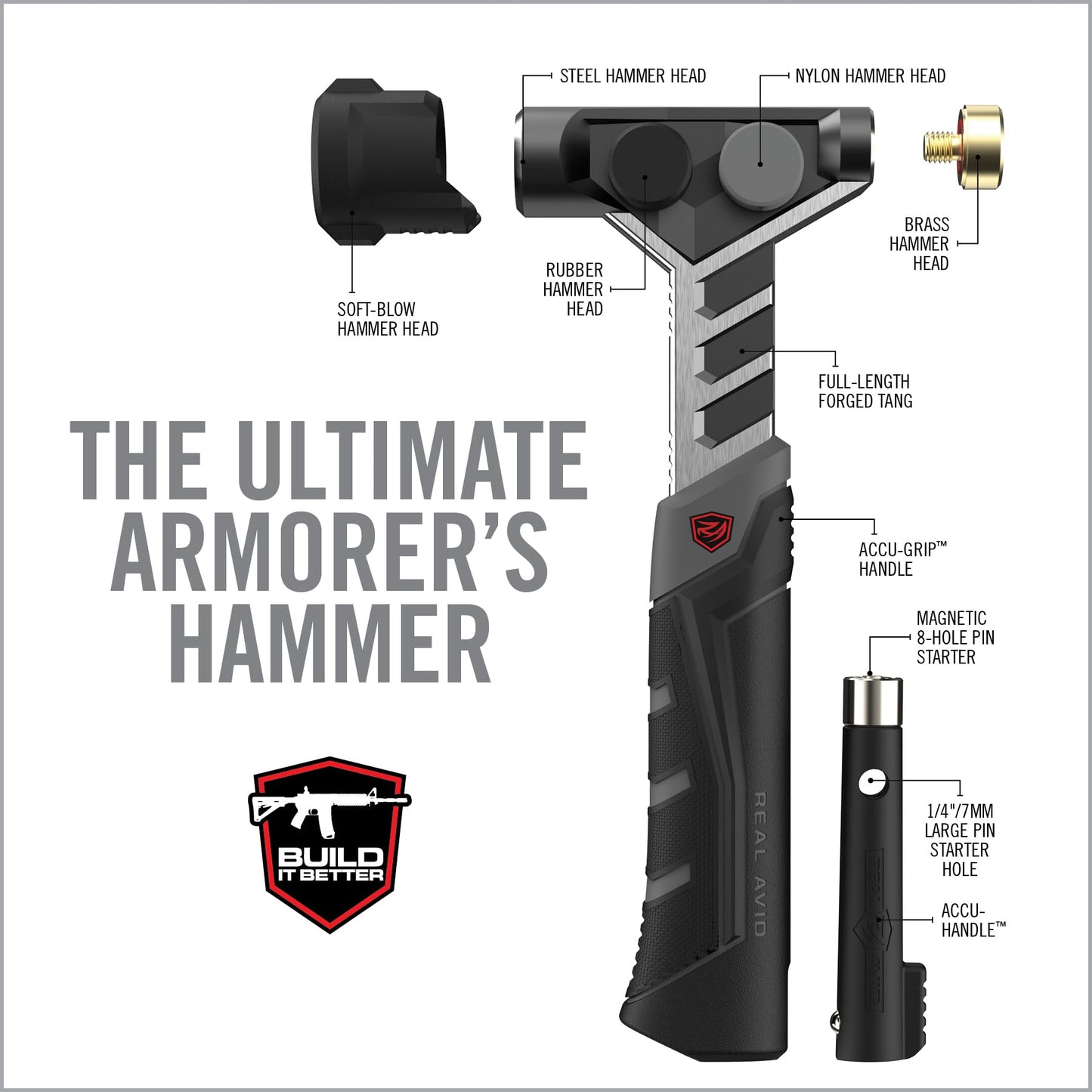 Real Avid Armorer's Master Hammer - 20 Ounce 9-1/2" Hammer with Changing Heads Including Soft Blow, Steel, Rubber & Brass Head + Magnetic Pin Starter