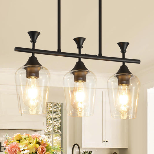 21.2'' Farmhouse Linear Chandelier, 3-Light Dining Room & Kitchen Island Pendant, Matte Black Ceiling Light with Clear Glass Shades