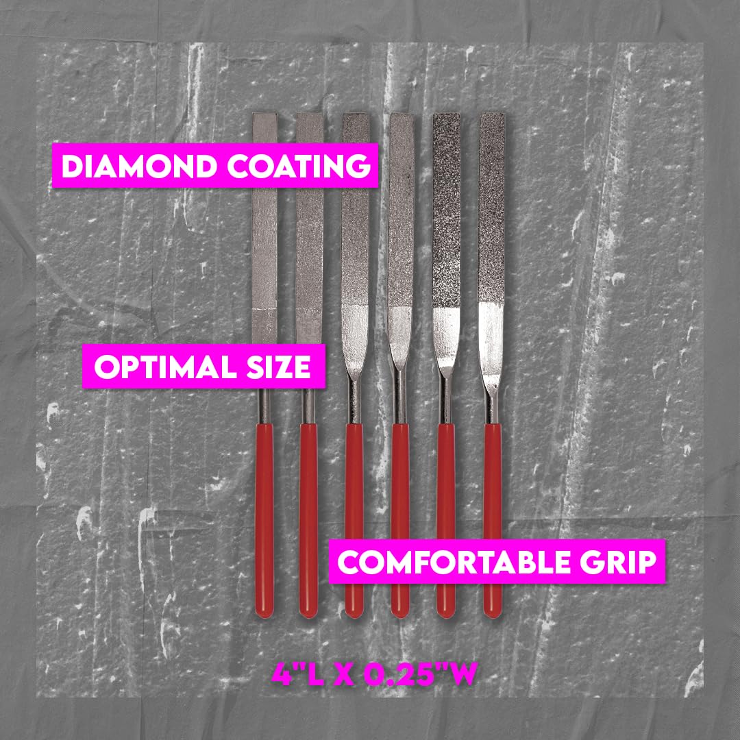 SE 74330DF 6-Piece Diamond Grit File Set, Multi-Grit Flat Files for Metal Glass Stone, 7″ Length, 2″ Diamond Surface, Round Handles, PVC Pouch