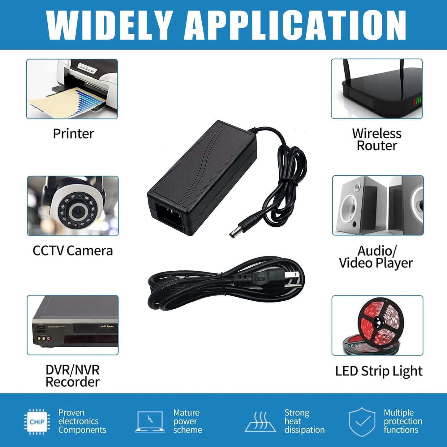 24V 6A DC Power Supply Adapter, 100-240V AC to DC, 5.5x2.1mm Jack, US Plug, for LED Strips, Printers, and Electronics