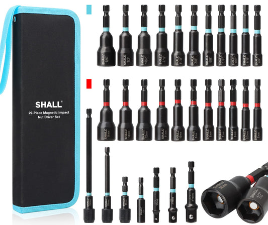 SHALL 29PCS Magnetic Nut Driver Set, 1/4" Hex Impact Drill Bits, SAE & Metric Cr-V Steel, Quick-Release Extensions & Storage Bag