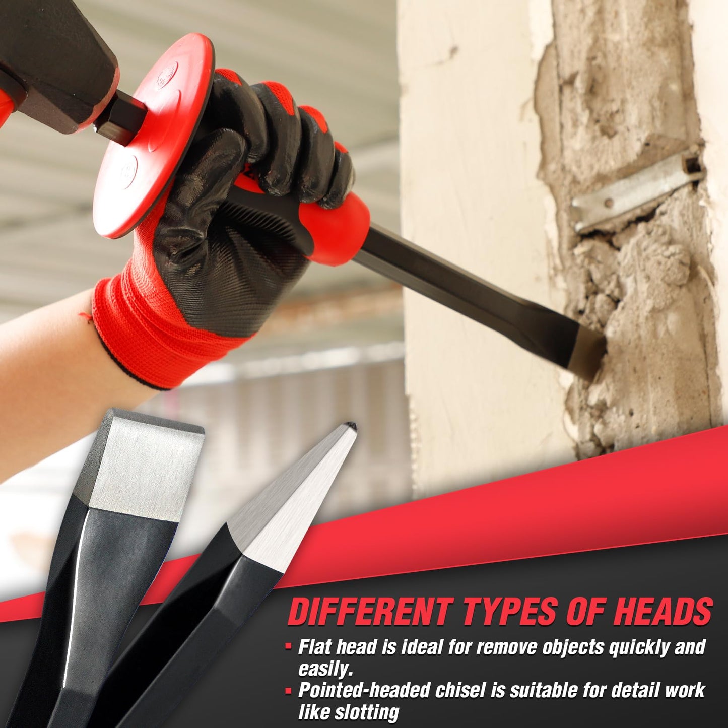 Rizom Chisel Set with Hand Protection, 3 Pcs Stone and Rock Chisel, Heavy Duty Masonry Tools including 11-Inch Point and Flat, 8-Inch Brick