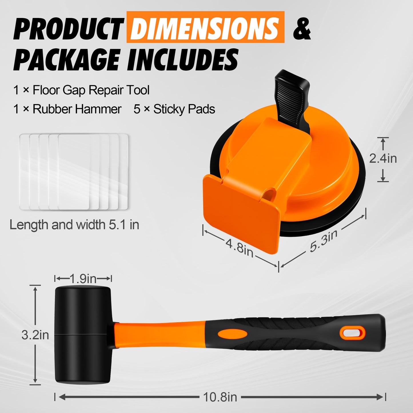 Floor Gap Fixer Tool Kit with Rubber Mallet & Suction Cup, Iron Body, 5 Sticky Pads for Laminate, Vinyl, Wood & Tile Flooring Repair