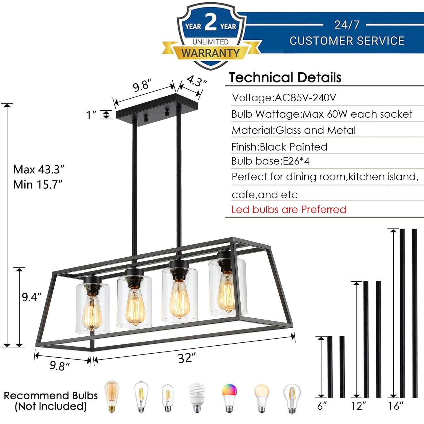 Black Farmhouse Linear Chandelier for Dining Room, Rustic Kitchen Island Pendant Light, 4-Light Fixture with Glass Shades Over Table