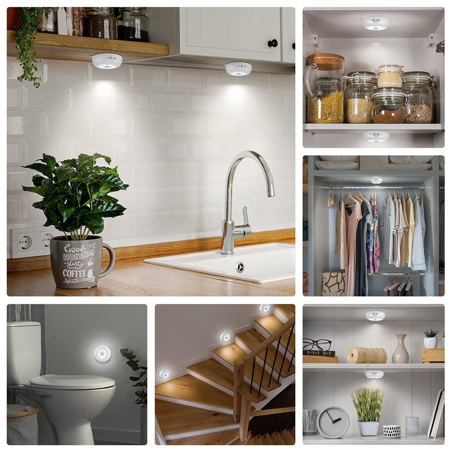 BLS Motion Sensor LED Night Light 3-Pack, Wireless AA Battery Closet, Cabinet, Stair & Wall Lights, Dimmable Indoor Puck Lights