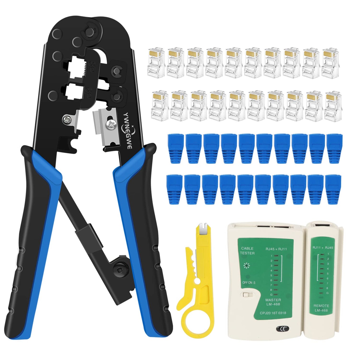 RJ45 Crimping Tool Kit with 20 CAT5/CAT5e Connectors, Covers, Network Cable Tester, Wire Stripper – Crimp RJ11, RJ12, RJ45