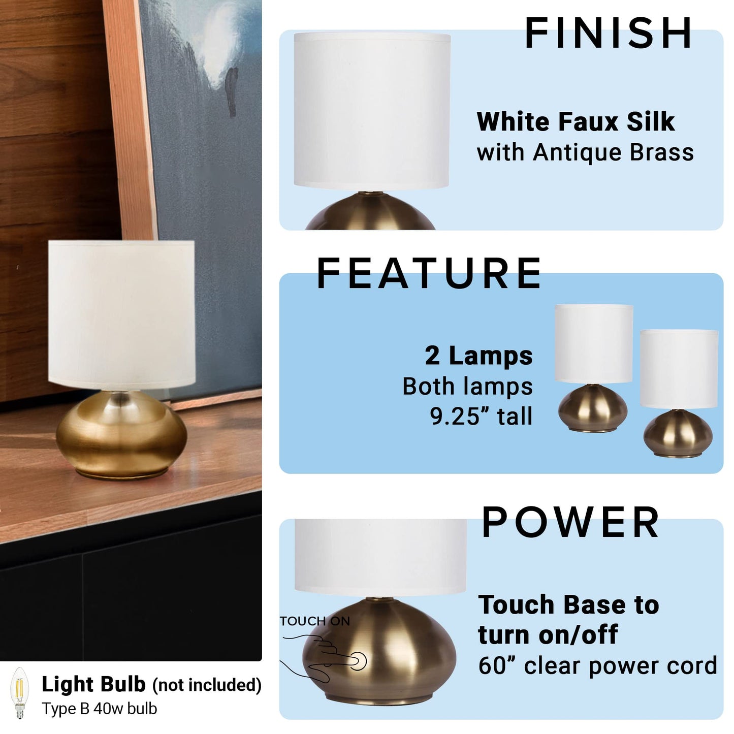 Catalina Lighting 18581-001 Transitional Matching Small Touch Lamp Set, LED Bulb NOT Included, 9.25" Antique Brass, Set of 2