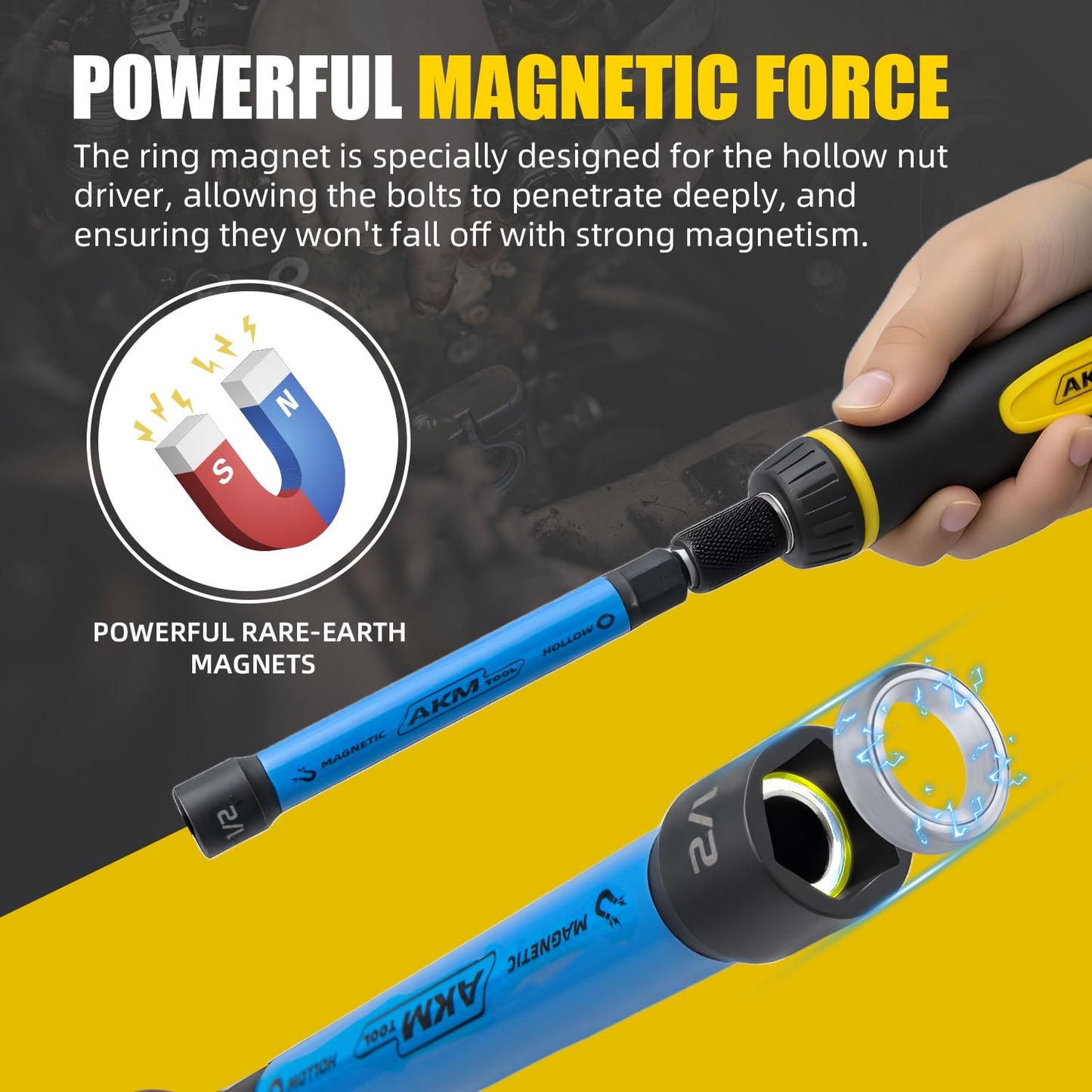 AKM TOOL 6-Piece Hollow Nut Driver Set, Magnetic SAE Hex Nut Driver, Color-Coded, 1/4–9/16", 5" Extended Reach Nut Setter