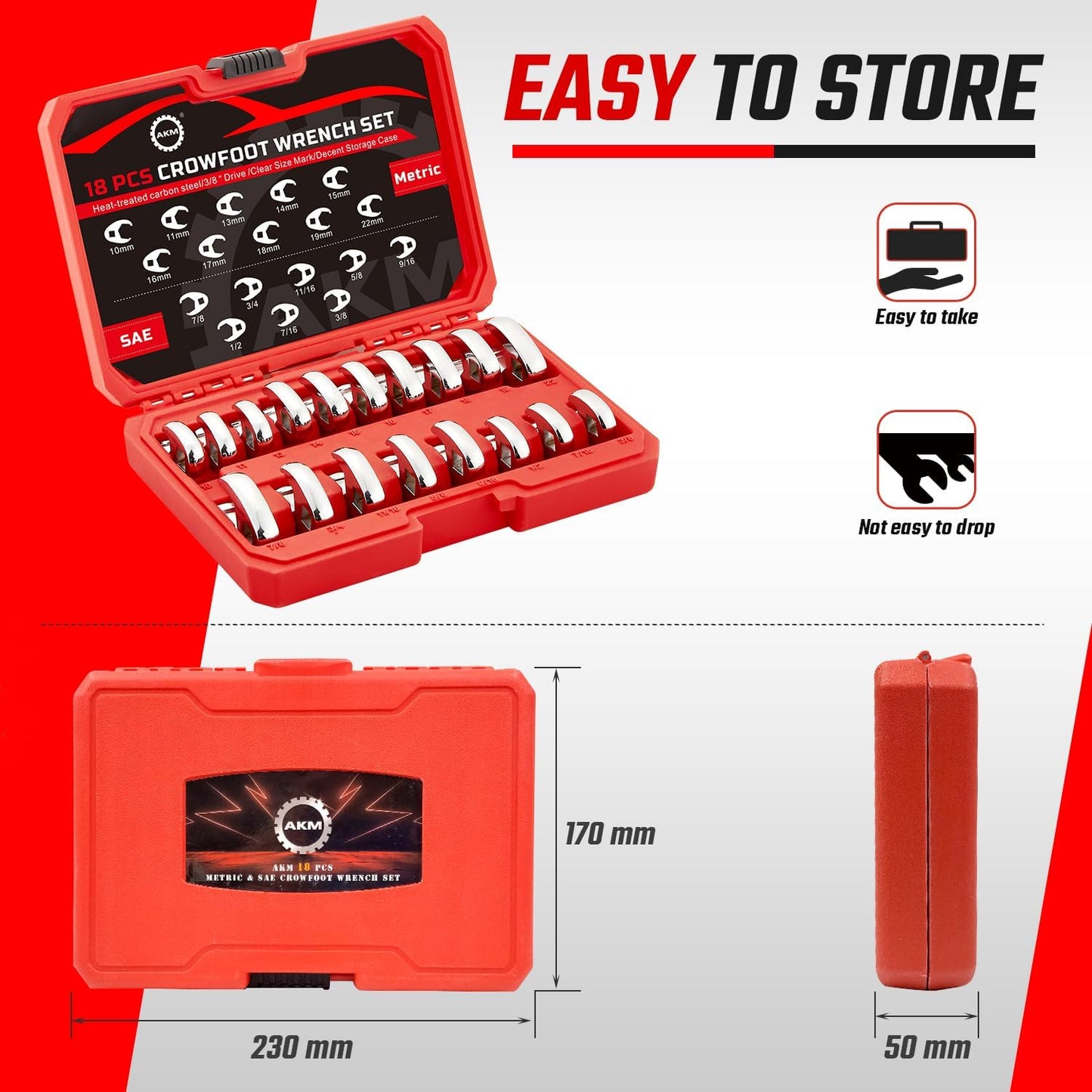 AKM 18-Piece 3/8" Drive Crowfoot Wrench Set, Cr-V Flare Nut Wrenches 6-Point SAE 3/8"-7/8" & Metric 10-22mm with Organizer Box