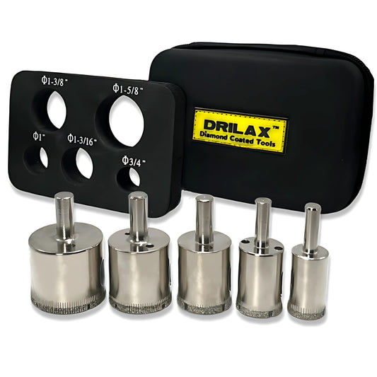 Drilax 5-Pc Diamond Hole Saw Set with Guide & PU Case | for Glass, Tile, Granite & Countertops | Includes 3/4", 1", 1-3/16", 1-3/8", 1-5/8" Bits