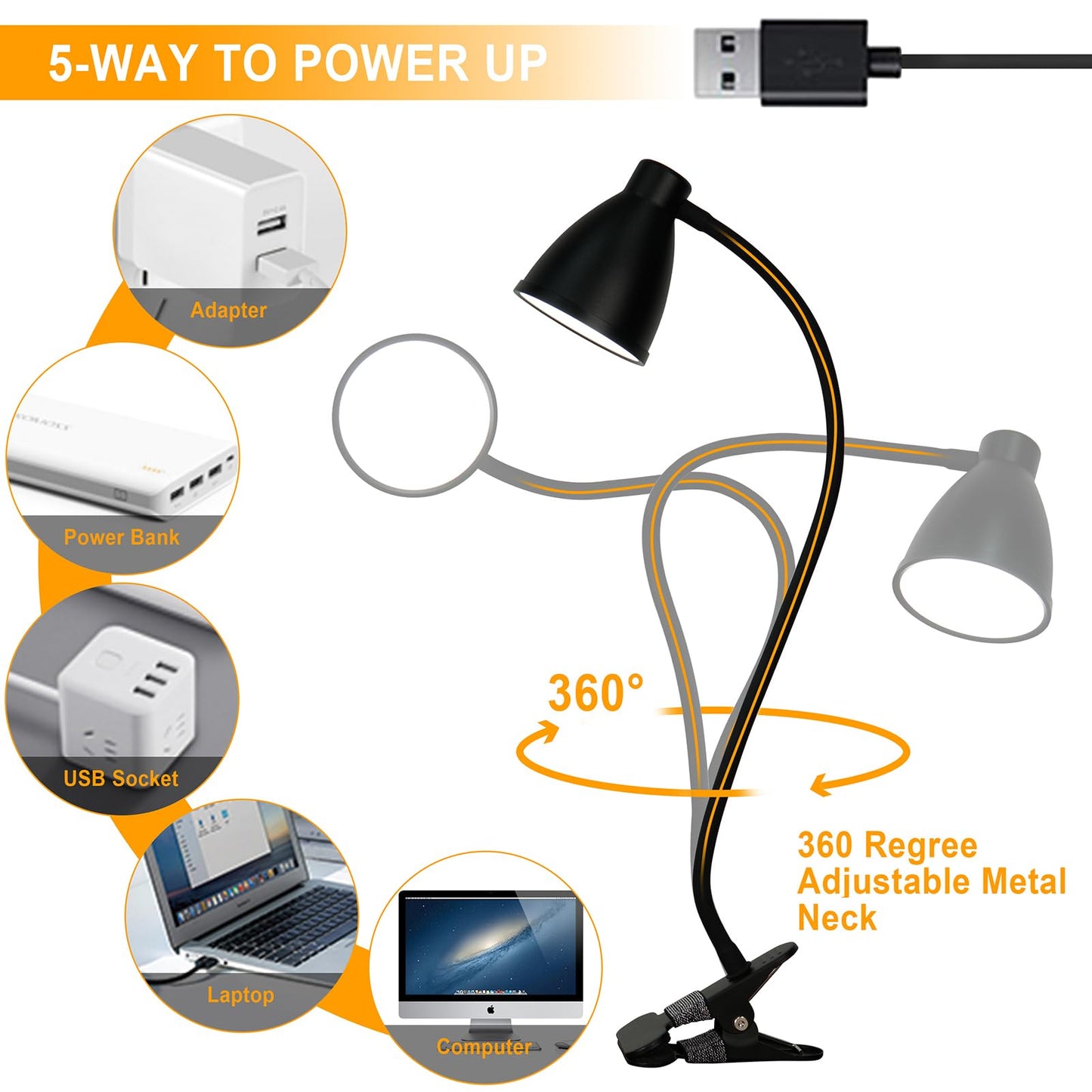 BOHON 10W LED Desk Lamp with 5 Colors & 10 Brightness Levels, 360° Flexible Neck, Clamp-On, Auto-Off Timer, AC Adapter Included