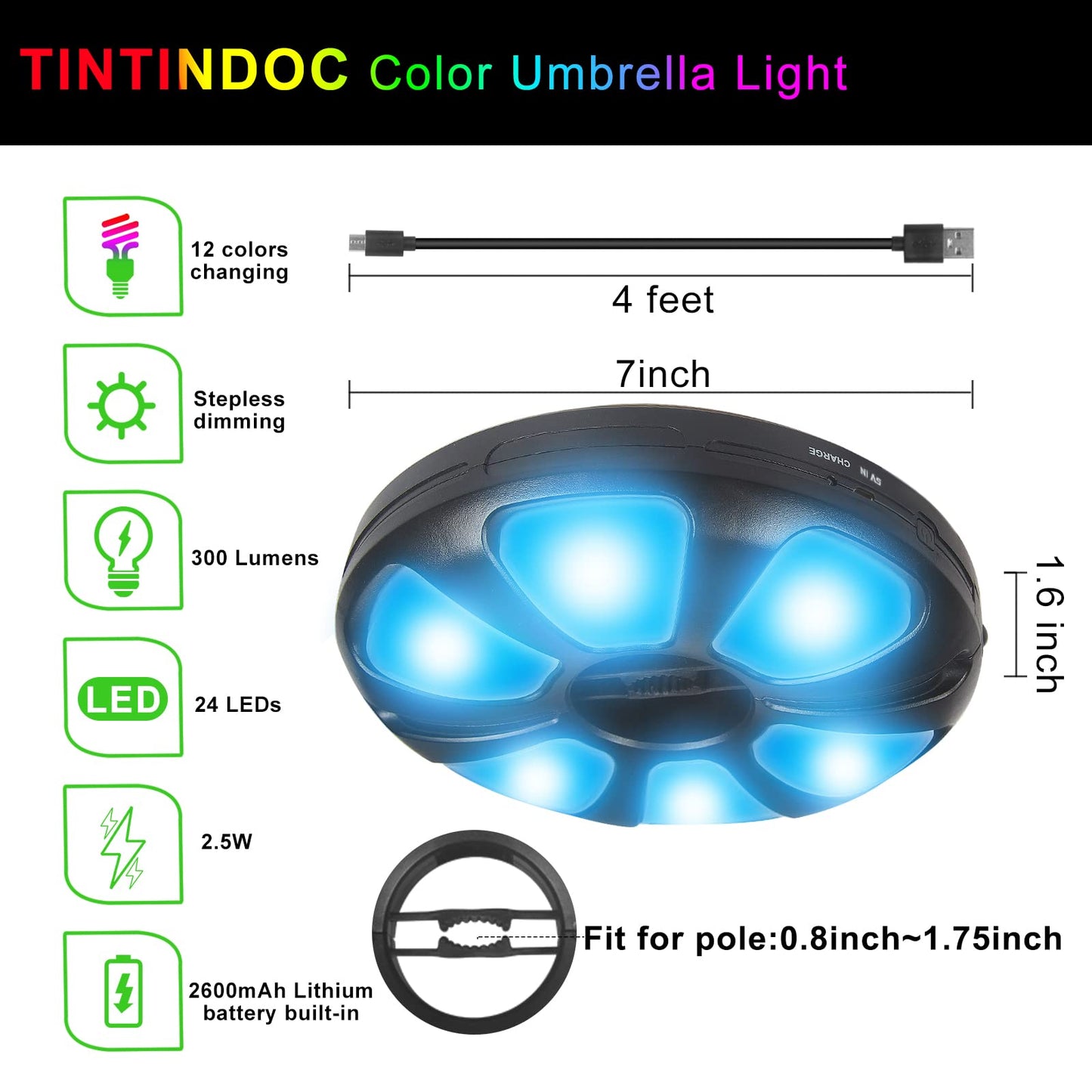 TINTINDOC Umbrella Light with Remote – Outdoor Patio Pole Light, Rechargeable/AA Battery, 300 Lumen, Stepless Dimming