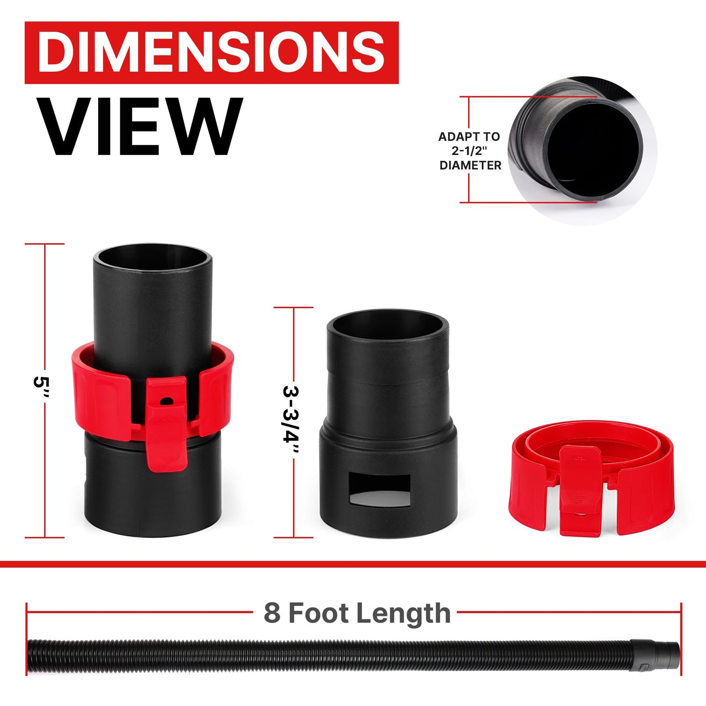 Shop-Vac 8' X 2-1/2" Universal Hose Black, Replacement Hose Compatible with Rigid, Dewalt, Husky, Craftsman, Bauer, Masterforce Vacuum Cleaners