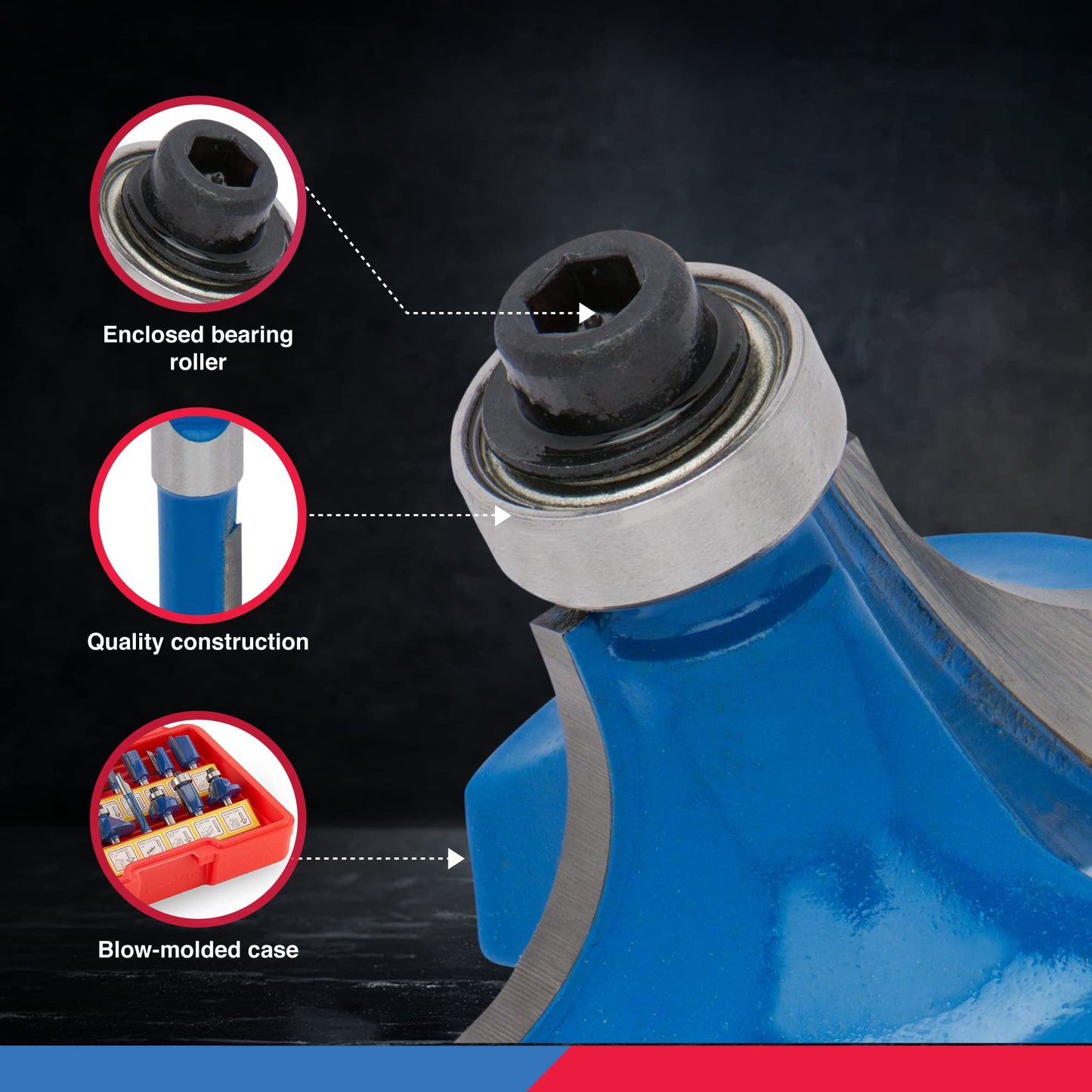 HILTEX 15-Piece Tungsten Carbide Router Bit Set, 1/4” Shank, Woodworking Chamfer Bits, Durable Blue Finish