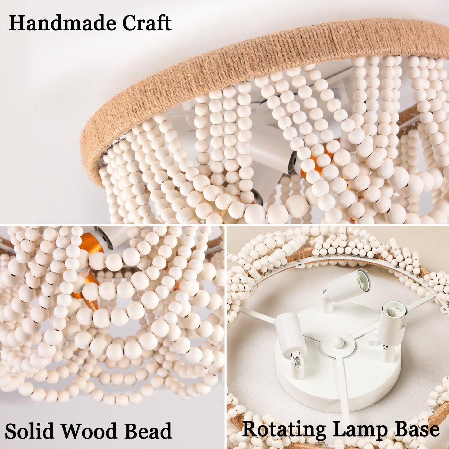 Capslpad Wood Beaded 3-Light Flush Mount Ceiling Light, Rustic Antique Mini Chandelier, White Boho Fixture for Bedroom & Hallway