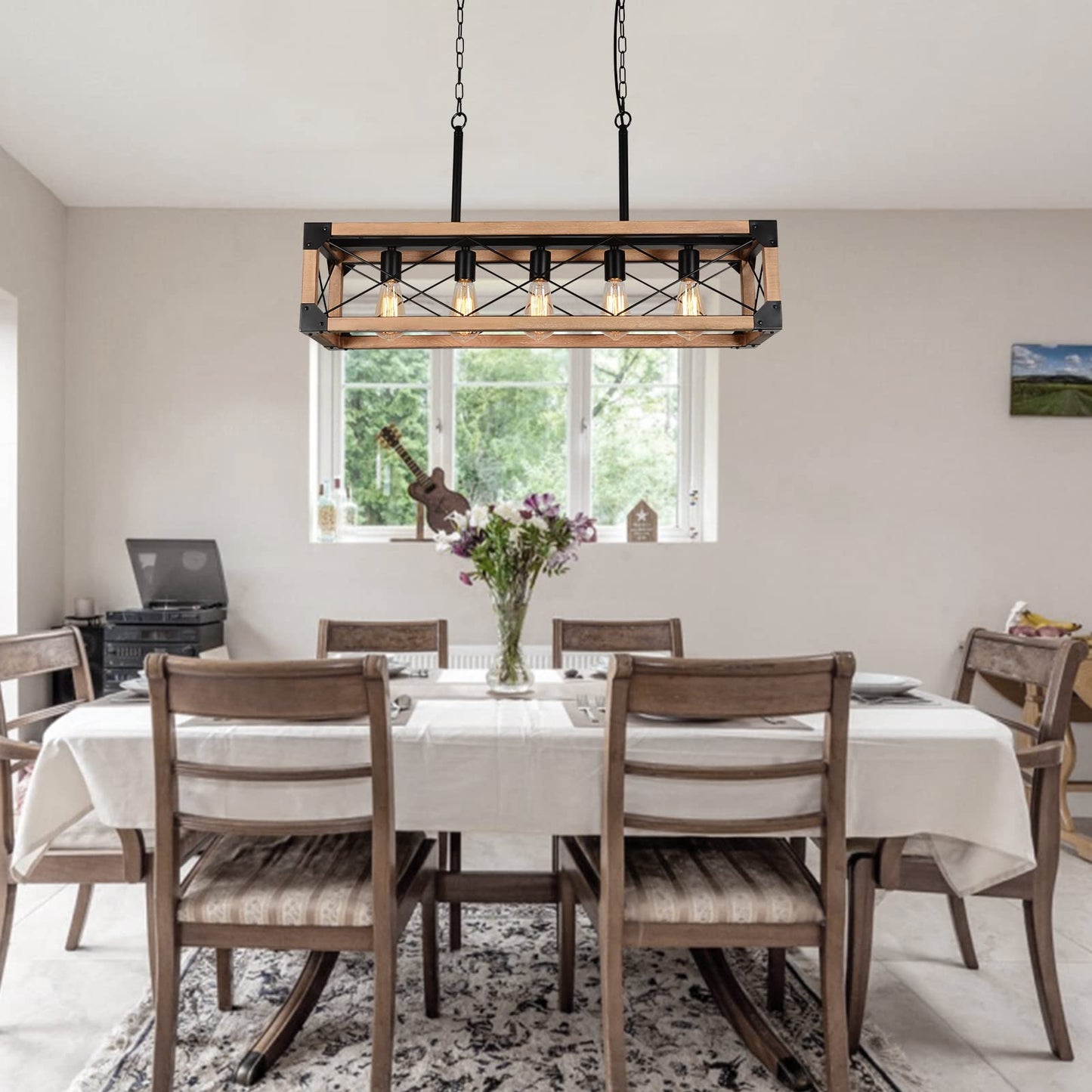 Airposta 33.5" 5-Light Farmhouse Kitchen Island Chandelier, Rustic Wood Grain Industrial Pendant Light for Dining & Pool Table