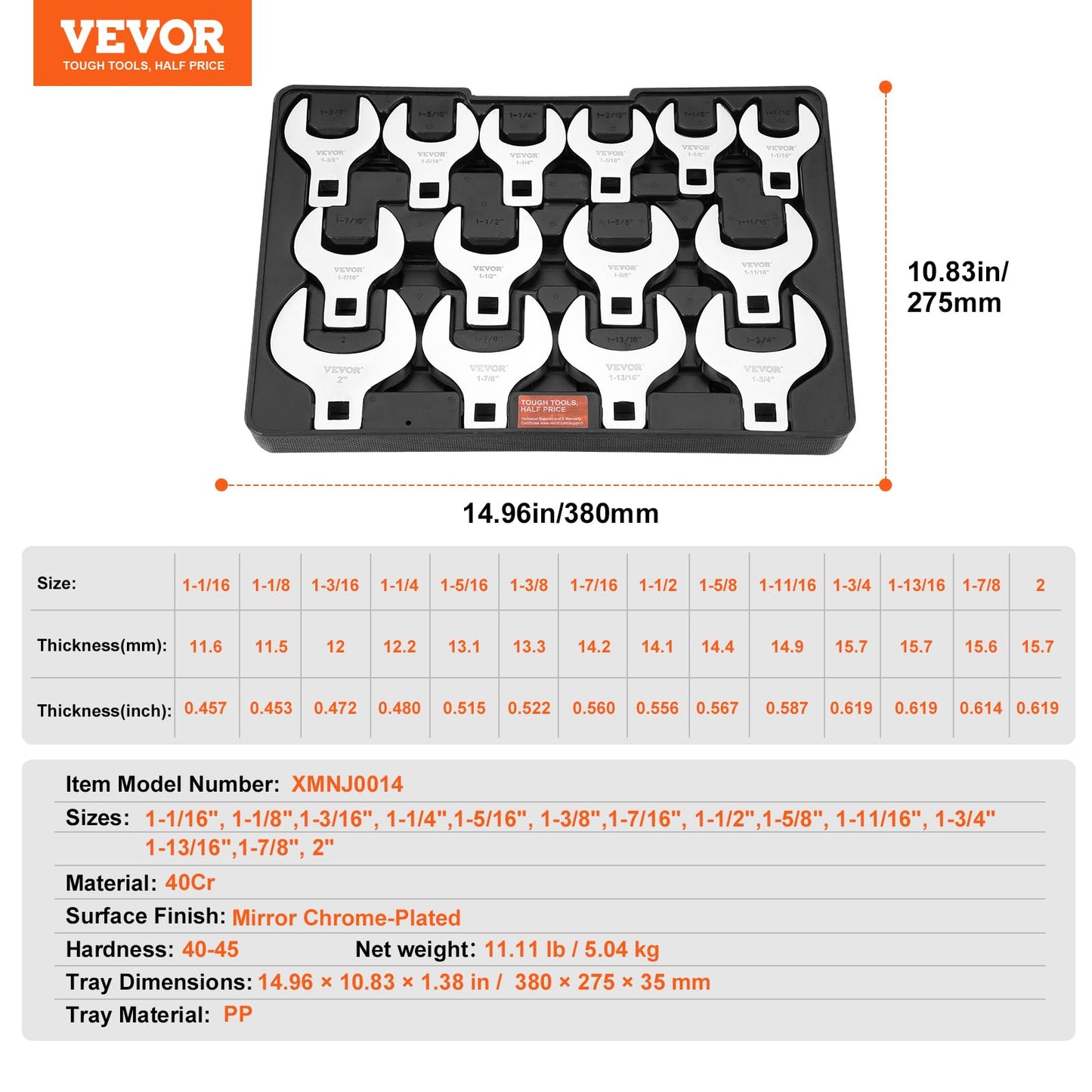 VEVOR 14-Piece 1/2" Drive SAE Crowfoot Wrench Set (1-1/16"–2") with Storage Tray, 40Cr Steel, Laser Etched, for Mechanical Repairs