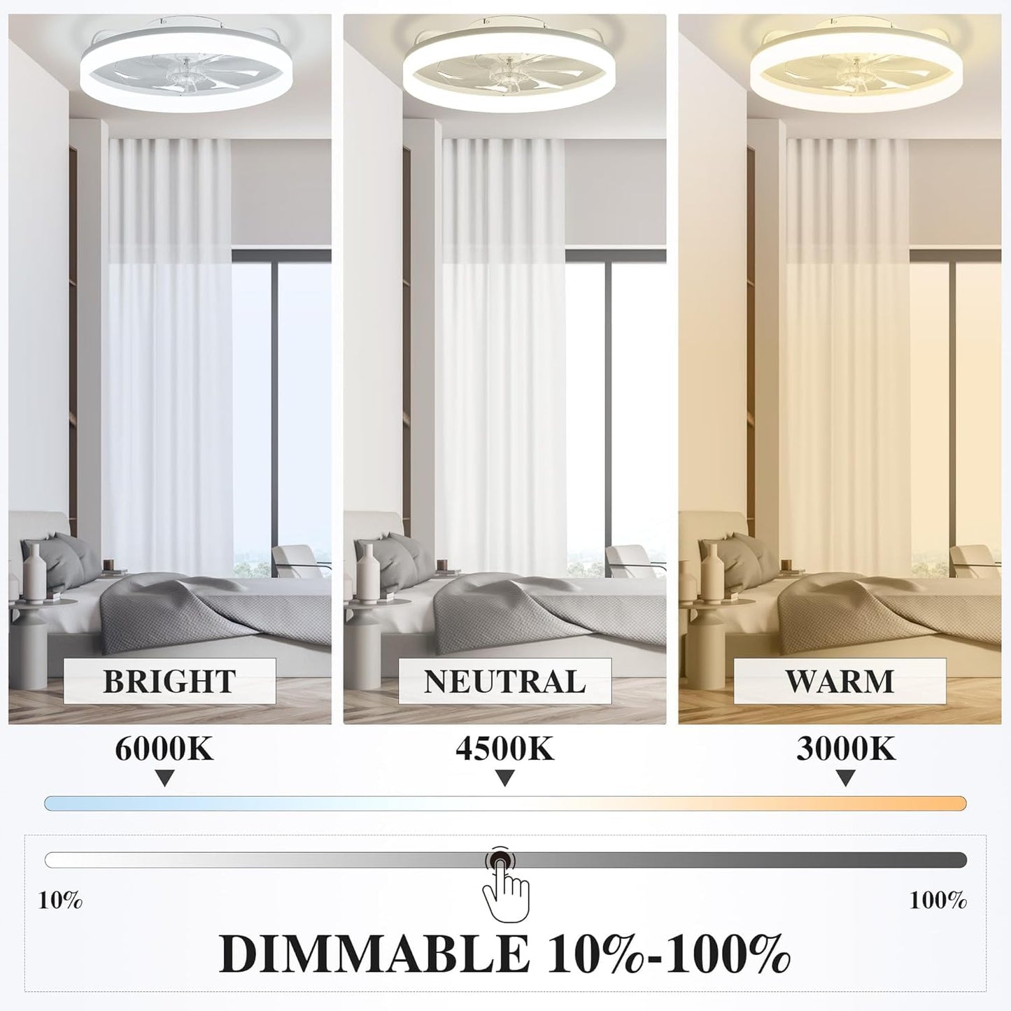 20" White Ceiling Fan with Light & Remote, Flush Mount Fandelier for Bedroom, 6 Speeds, Stepless Color Temperature, Modern Design