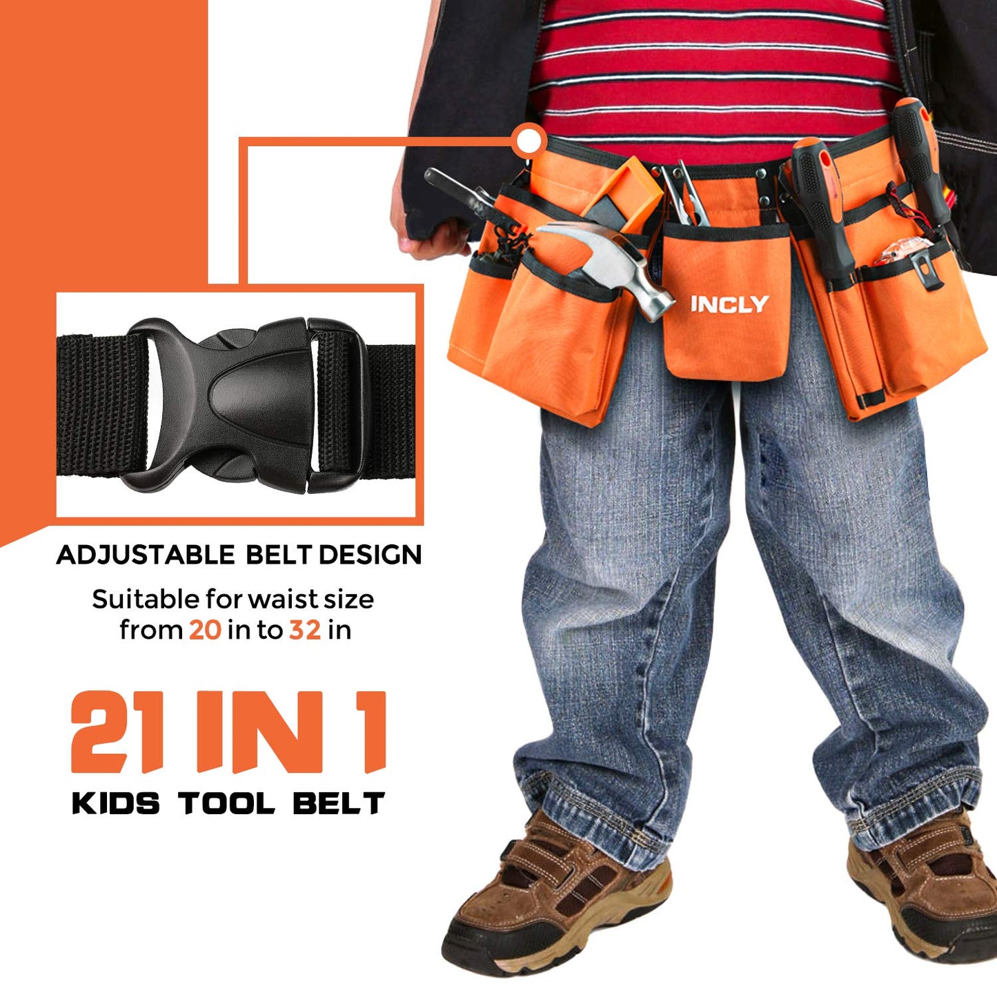INCLY 18PCS Kids Tool Set with Adjustable Belt 20"-32", Real Hand Tools for Boys, Hammer & Screwdriver DIY Building & Woodworking