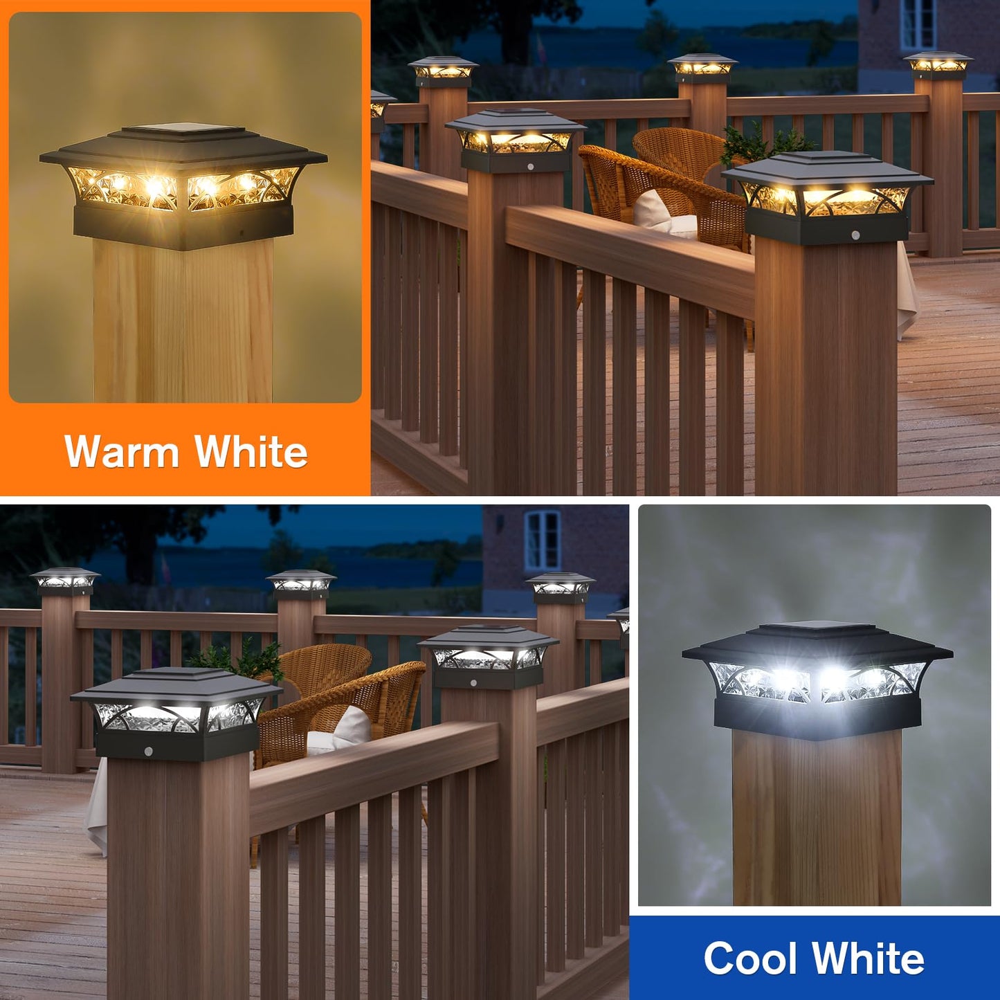 APONUO 12-Pack Solar Post Cap Lights for 4x4, 5x5, 6x6 Posts - Auto On/Off, IP64 Waterproof, Warm & Cool White, Deck & Yard Black Lights