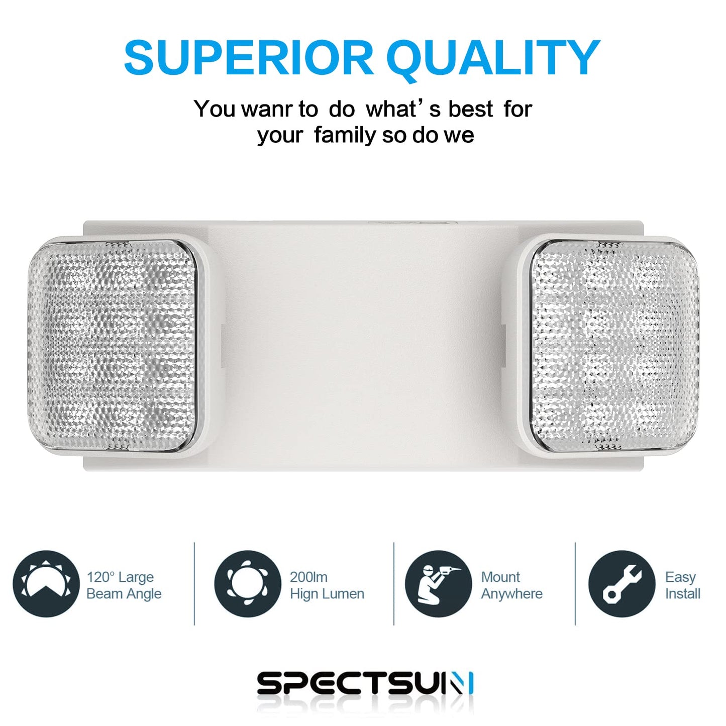 Spectsun 1-Pack Commercial LED Emergency Light, Hardwired with Battery Backup, UL 924 Certified, AC 120/277V, Adjustable Heads
