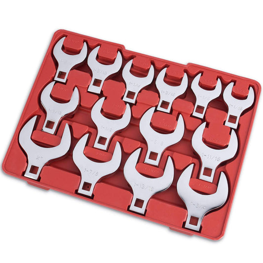 EFFICERE 14-Piece 1/2" Drive Jumbo Crowfoot Wrench Set, Chrome Vanadium Steel, SAE Sizes 1-1/16"–2", with Storage Tray