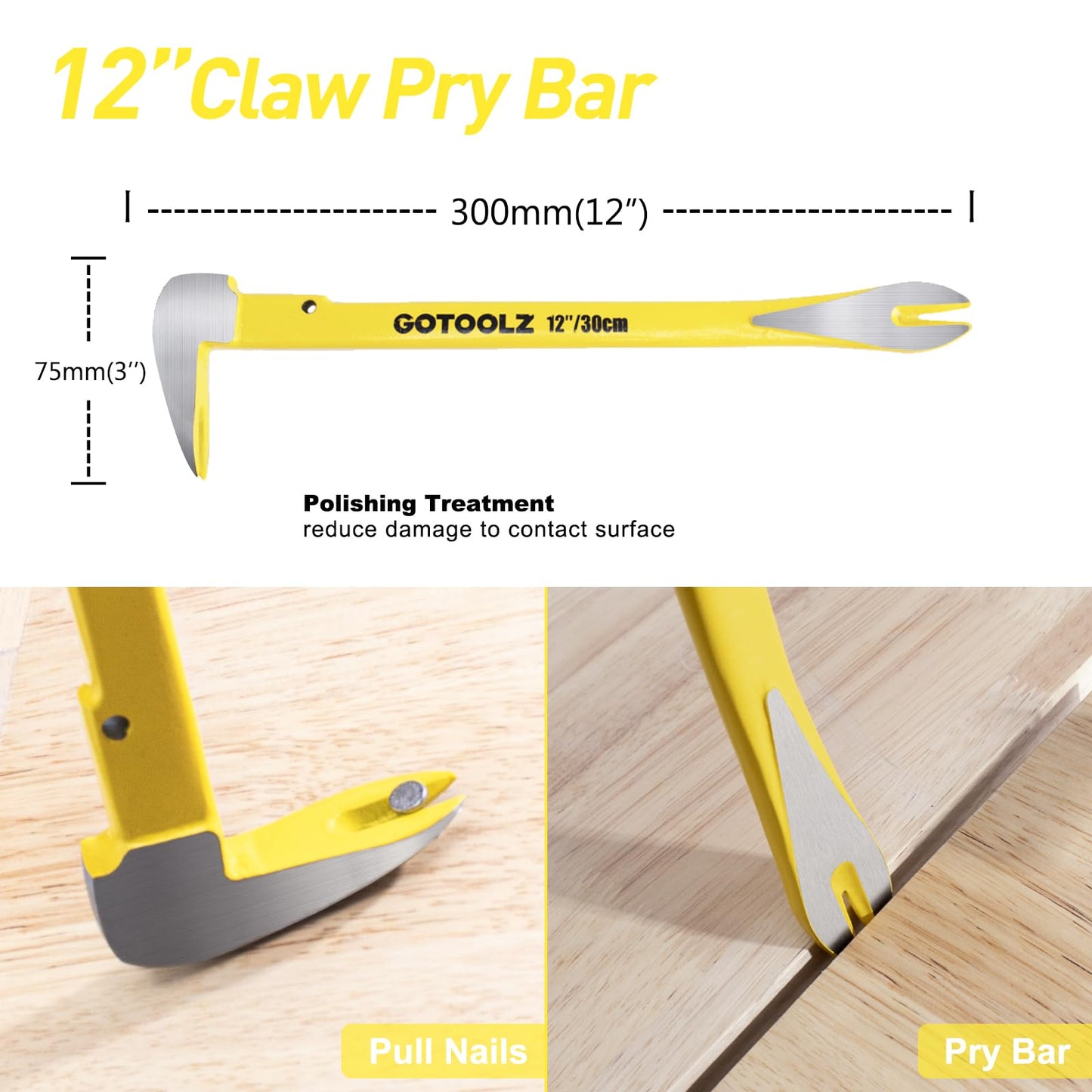 4-Piece Pry Bar & Nail Removal Tool Set – 12” Claw Pry Bar, 10” & 7.5” Flat Crowbars, 8” End Cutting Pliers for Baseboard & Floor Nails