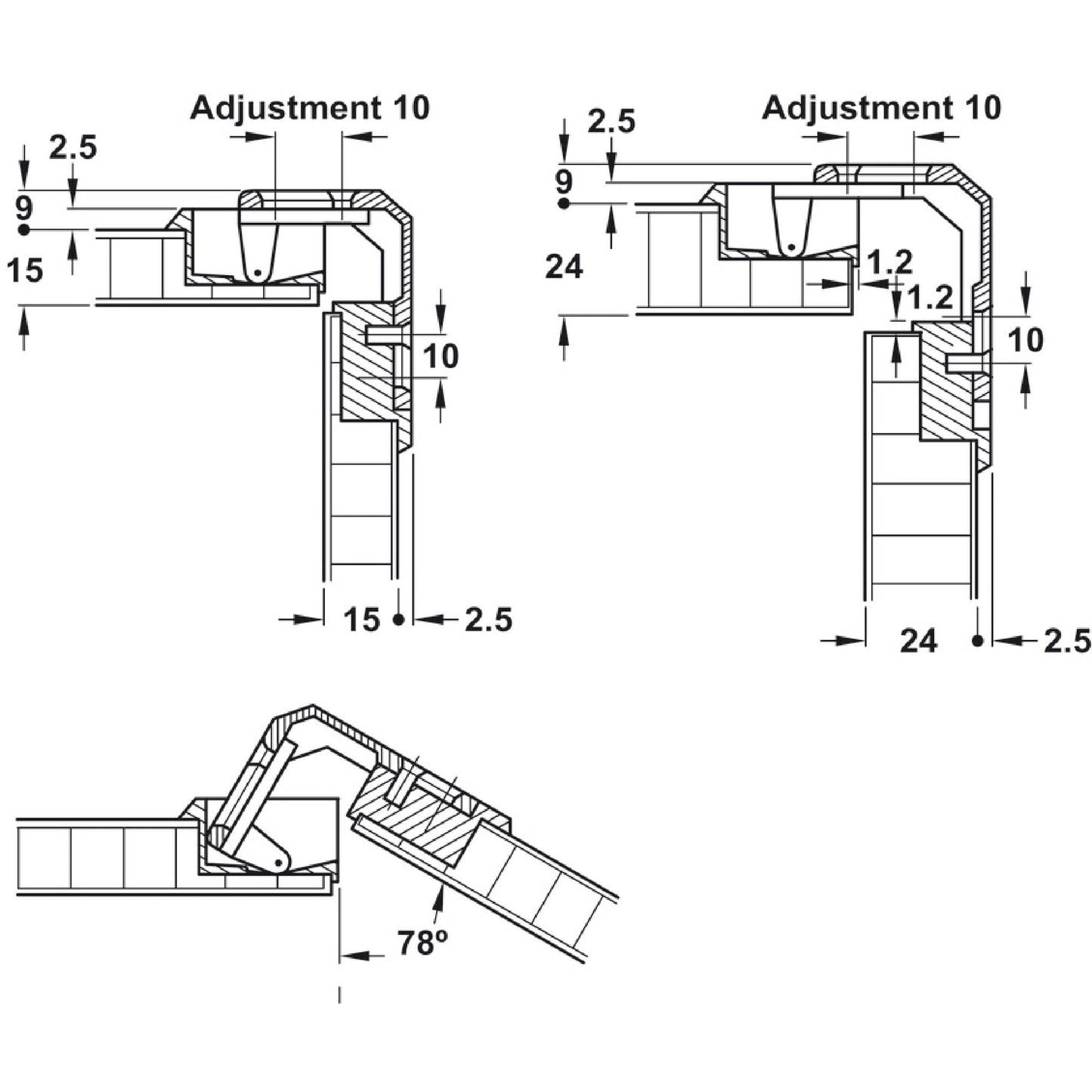 Hafele America 343.90.710 Pie-Cut Corner Cabinet Hinge, 78 Degree Opening Angle