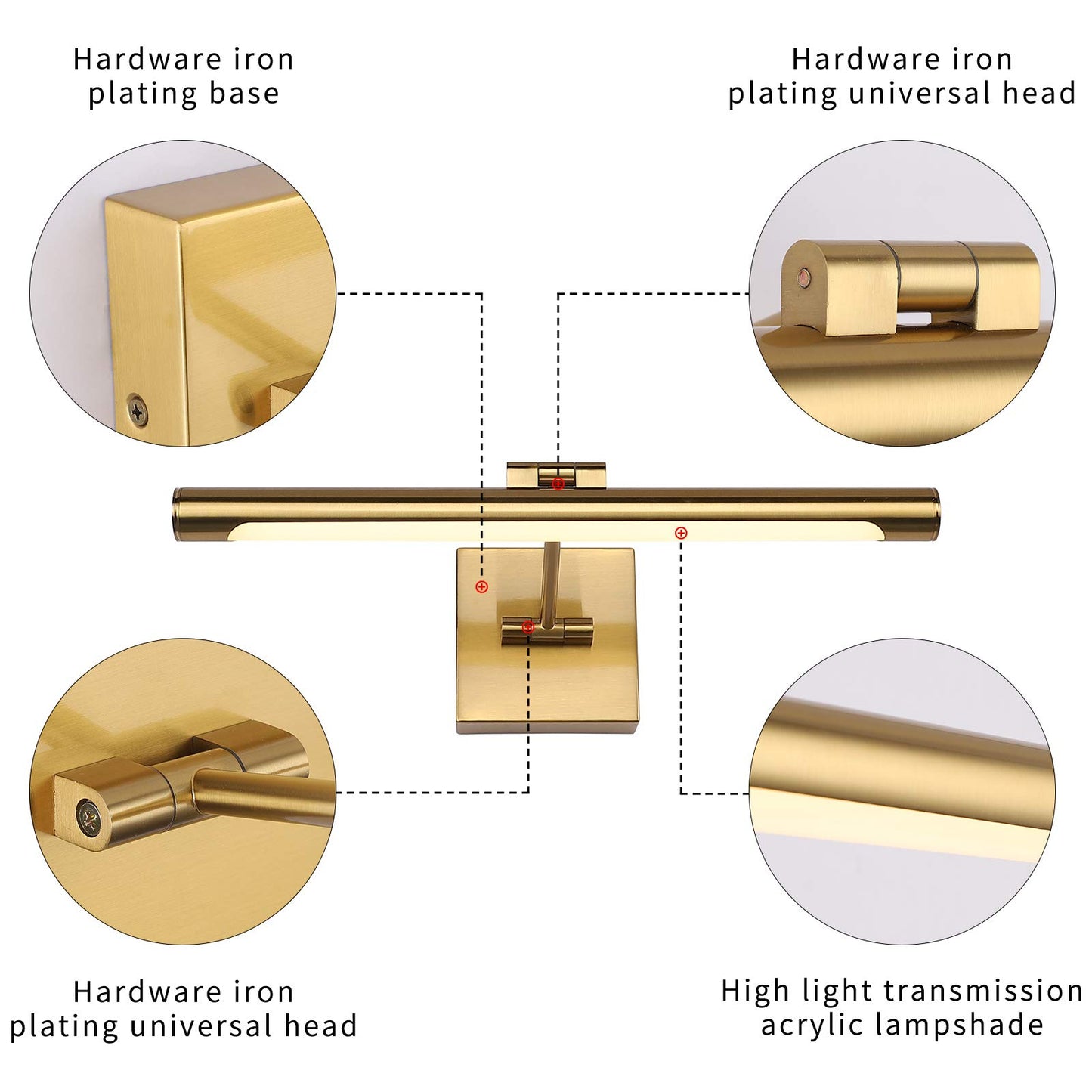 **LED Picture Light 16.5”, Modern Metal Wall Lamp with Swing Arm, 9W Hardwired, 3000K Warm White, CRI80+, Brass Finish**