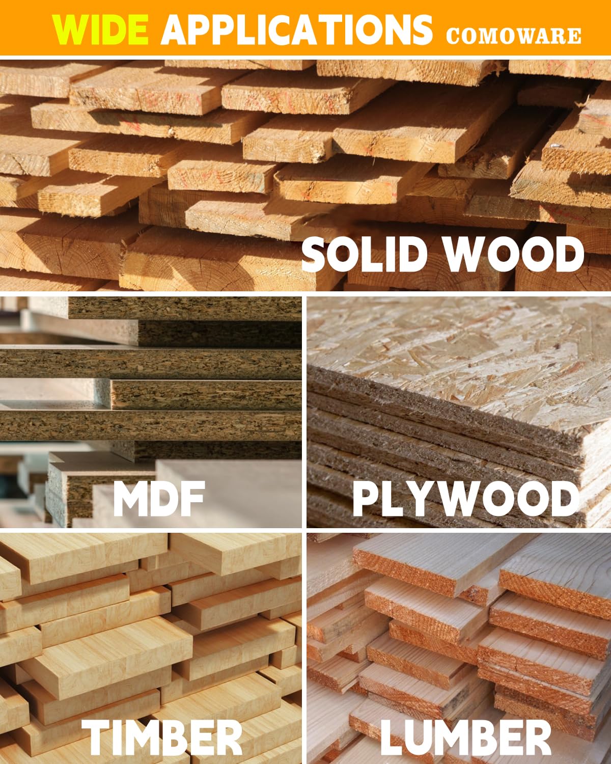 COMOWARE Spade Drill Bit Set- Paddle Flat Bits, Hole Cutter, Titanium Coating, Carbon Steel, Woodworking, 6-Pieces, 3/8"-1"