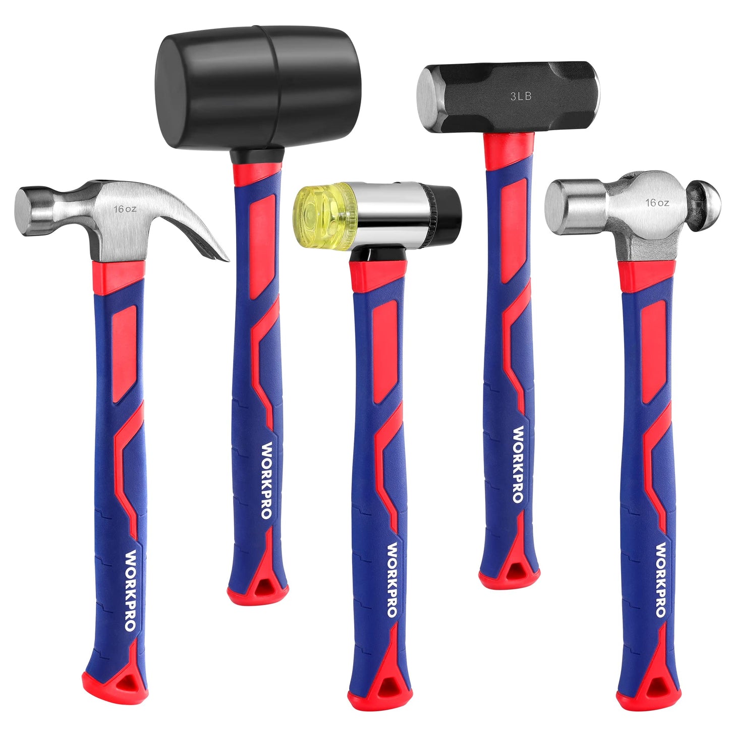WORKPRO 5-Piece Hammer & Mallet Set – Forged Steel Heads, Fiberglass Handles: 32oz Rubber, 16oz Claw & Ball-Peen, 3lb Sledge, 22oz Double-Face