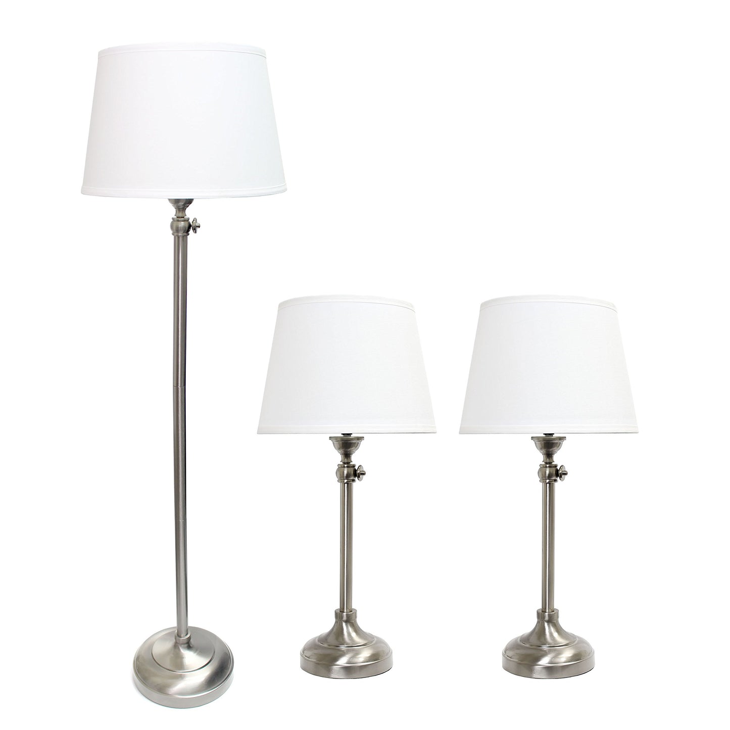 Elegant Designs LC1017-BSN Brushed Nickel Adjustable 3 Pack Lamp Set with White Fabric Shades, 1 Floor Lamp and 2 Table Lamps