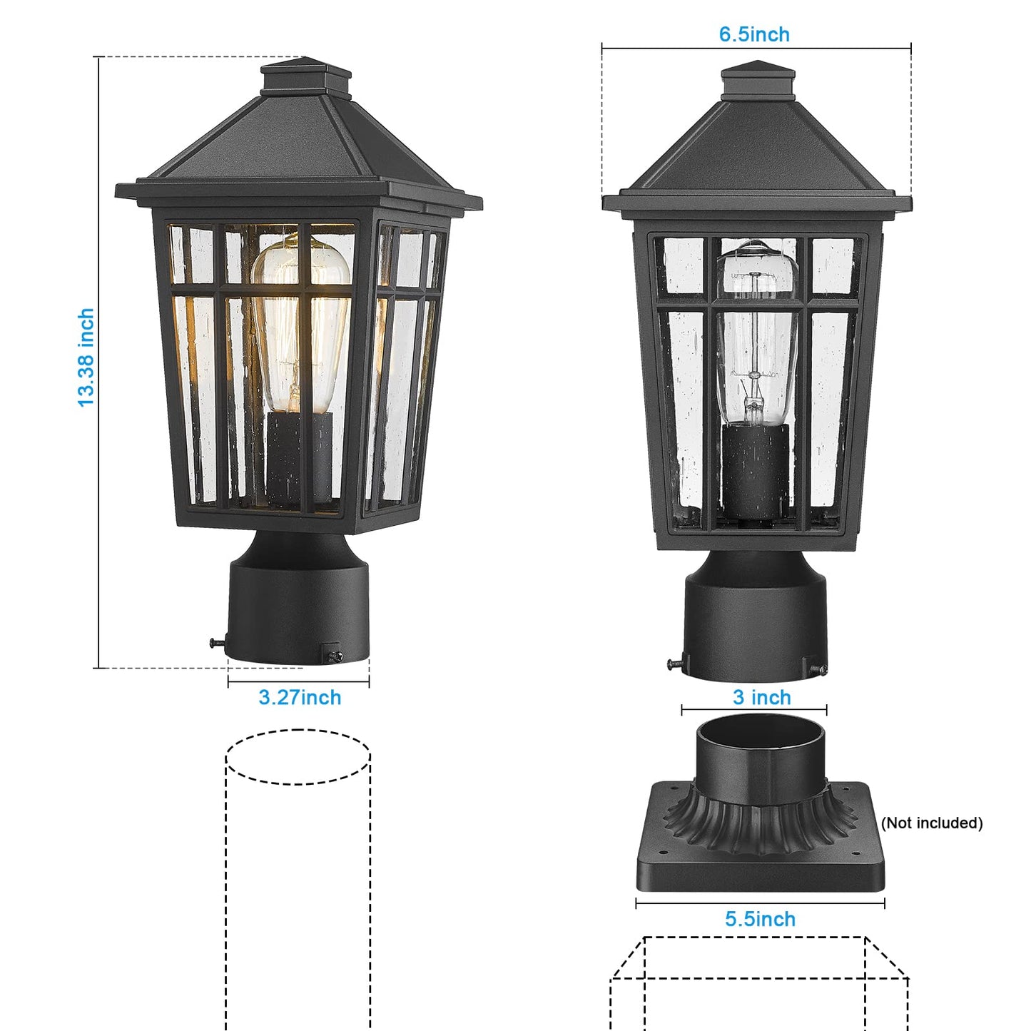 Darkaway Outdoor Post Light, Waterproof Aluminum & Glass Lamp, Black, 1-Pack for Garden, Patio, Deck, Pathway Lighting