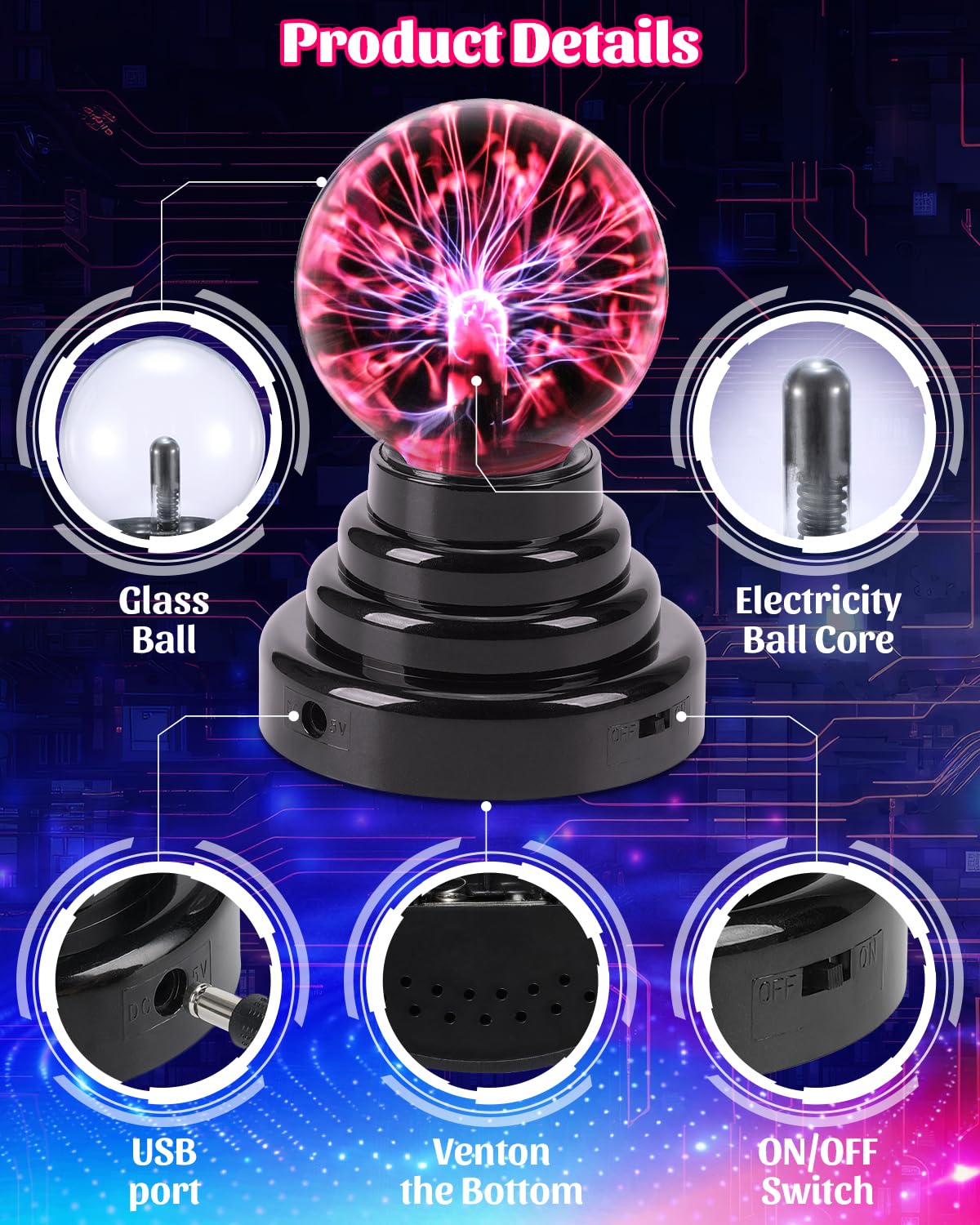 Theefun 3 Inch Plasma Ball Lamp, Touch Sensitive Plasma Globe, USB or Battery Powered, Nebula Lightning Novelty Toy & Home Decor
