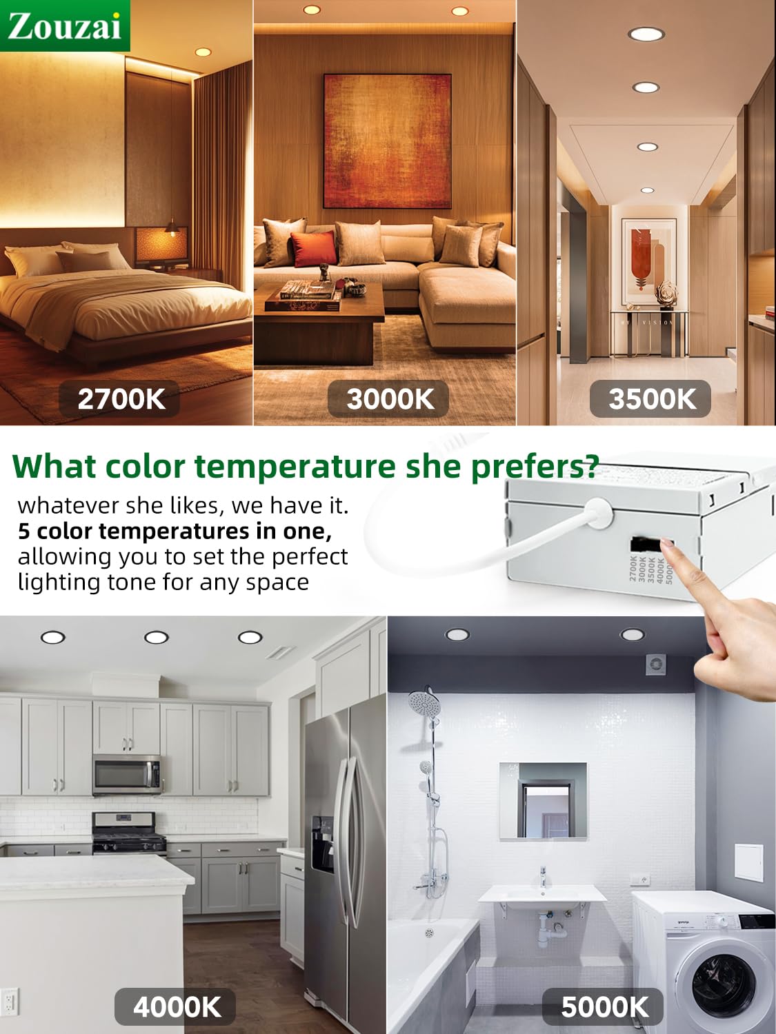 Zouzai 4" Black LED Recessed Ceiling Light 5CCT 9W Dimmable w/ Junction Box, 2700K-5000K, ETL & Energy Star Certified, 6 Pack