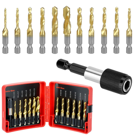 QWORK HSS Tap Bit Set, 13 Pcs SAE/Metric Combination Drill Tap & Tap Bit Set, Screw Tapping Bit Tool for Drilling Tapping
