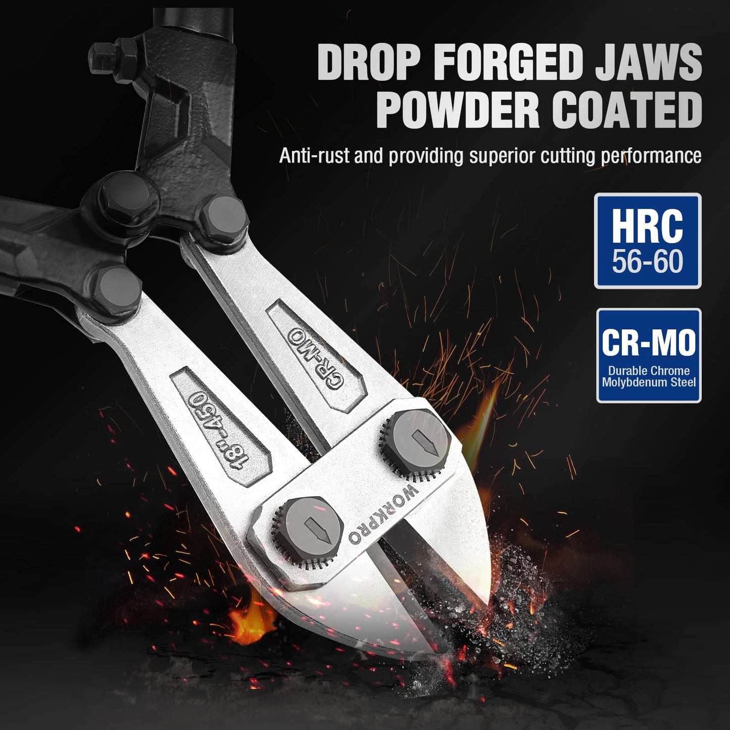 WORKPRO 18" Heavy Duty Bolt Cutter – Chrome Moly Steel, Soft Grip, Cuts Chain, Wire, Screws & Rivets, Black/Blue/Red