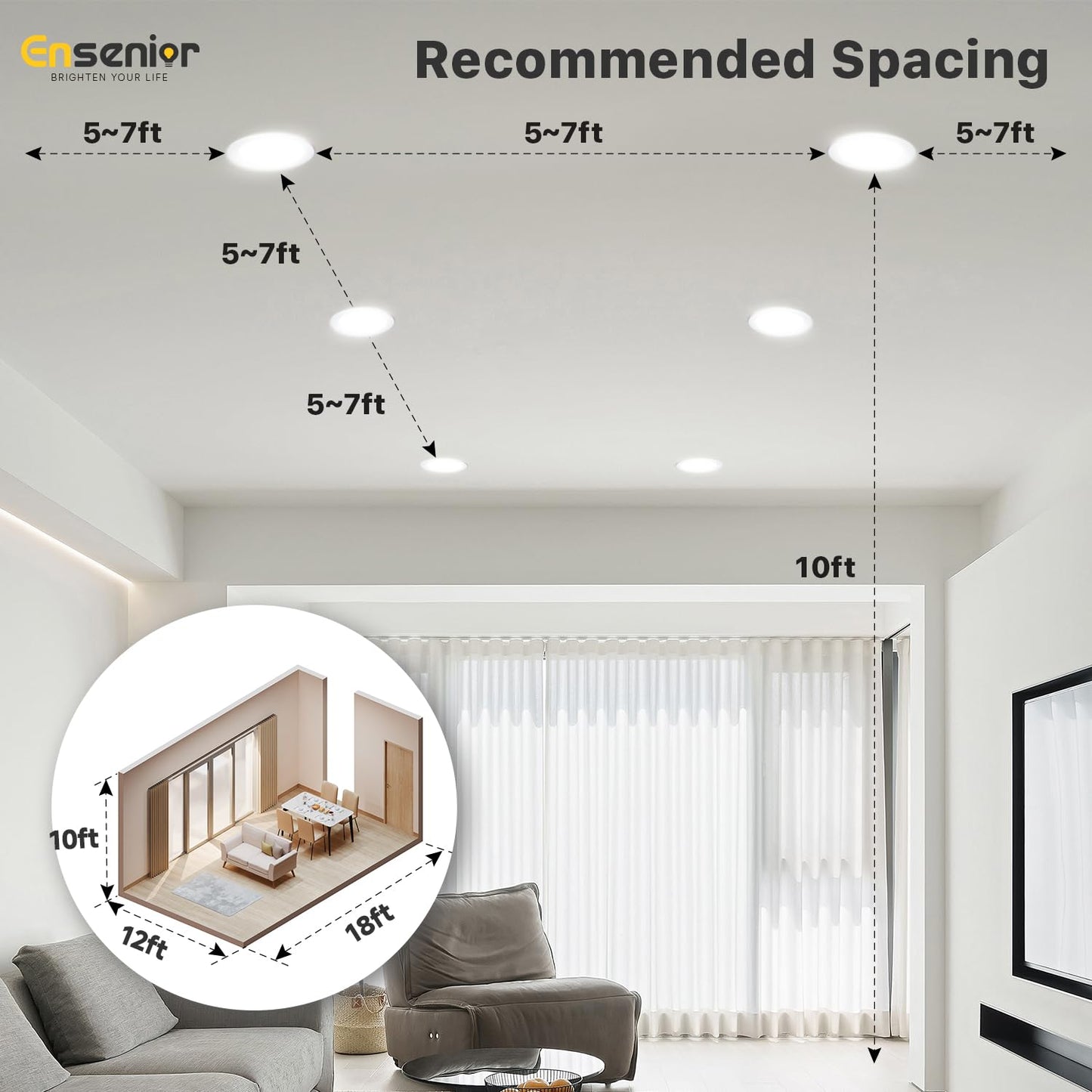 Ensenior 12 Pack 6 Inch LED Recessed Ceiling Light, Dimmable, 2700K-5000K 5CCT, 1200LM 12W 120V, High Brightness Canless Wafer Downlight - ETL&FCC&IC