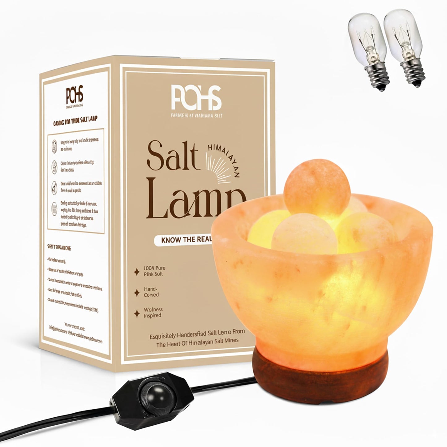 POHS Himalayan Pink Salt Fire Bowl Lamp with 5 Massage Balls, dimmable Switch Electrical Cord, with Replaceable Bulbs, Premium Wood Base.