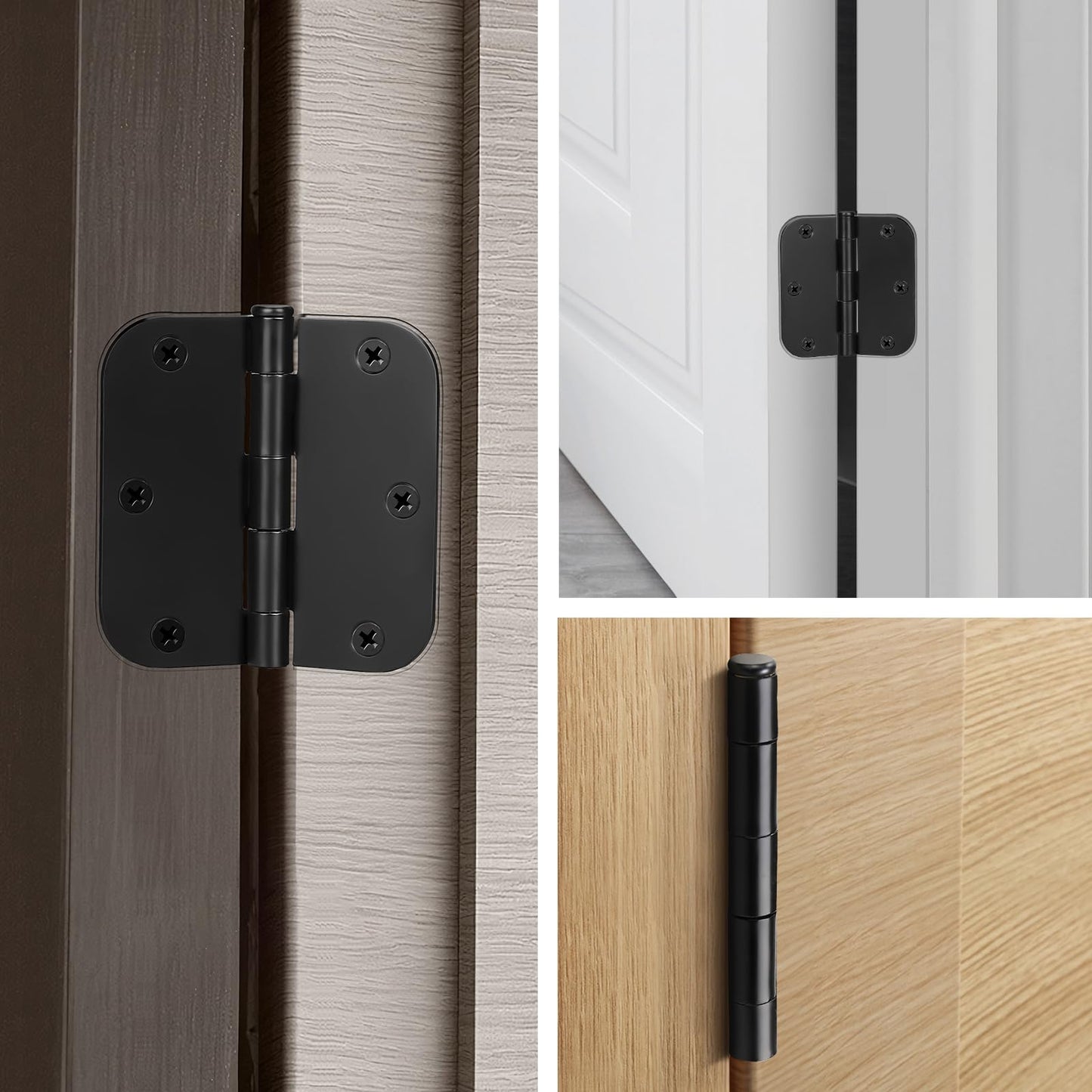 KNOBWELL 3 Pack Matte Black Door Hinges No Squeak 3.5" x 3.5" Heavy Duty Door Hinge with Black Finish, Interior Door Hinges, 5/8" Radius Corners