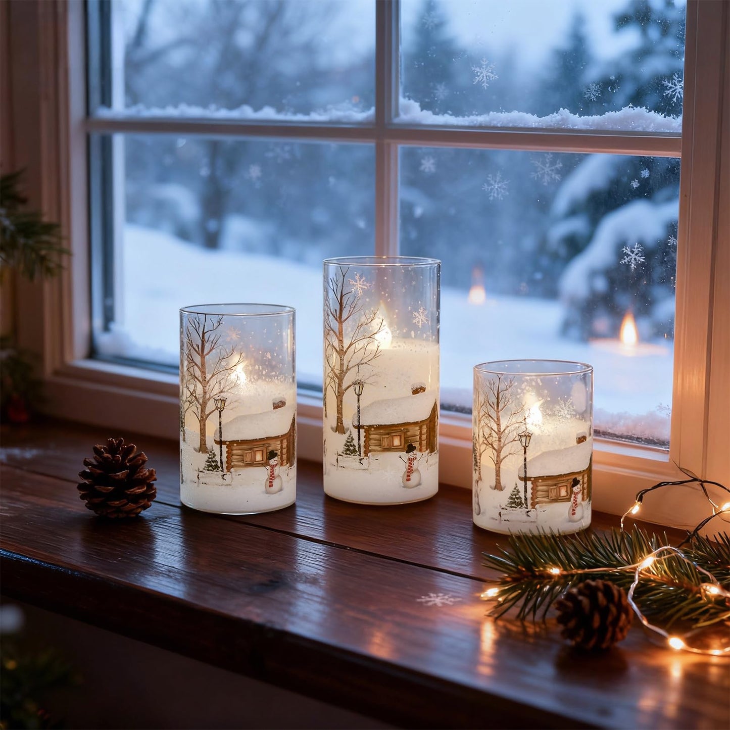 DRomance Snowman Glass Flameless Candles Set of 3 – Real Wax LED Flickering Pillar, Battery Operated with Remote & Timer, White Cold Light, 4/5/6 in