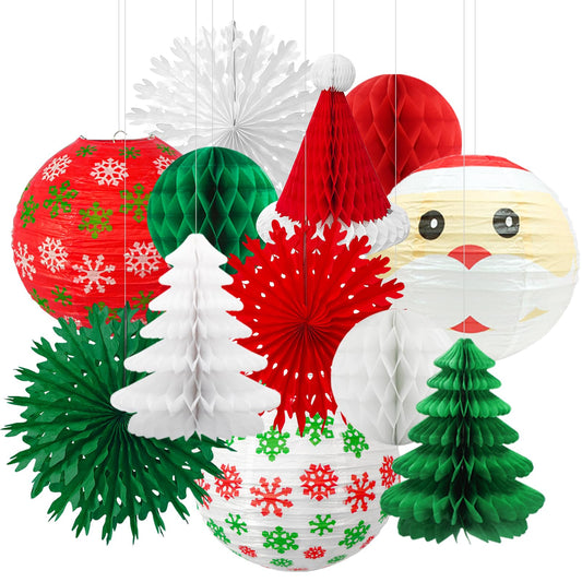 Christmas Honeycomb Paper Lantern Set – Hanging Decorations, Santa Hat, Trees, Lanterns & Paper Fans for Holiday & XMAS Party Decor