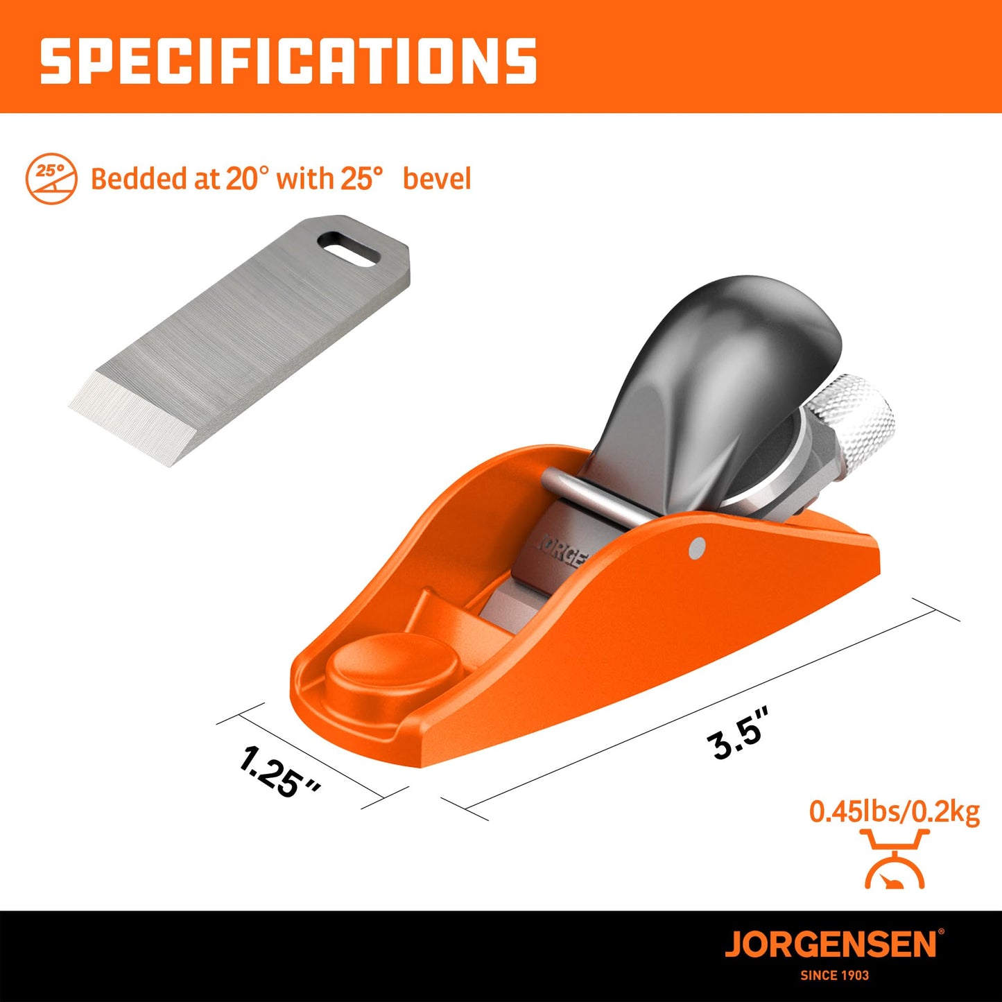 JORGENSEN 3.5" Mini Wood Planer, Small Hand Block Plane for Woodworking & Trimming, Adjustable Cutting Depth, Ductile Iron Body