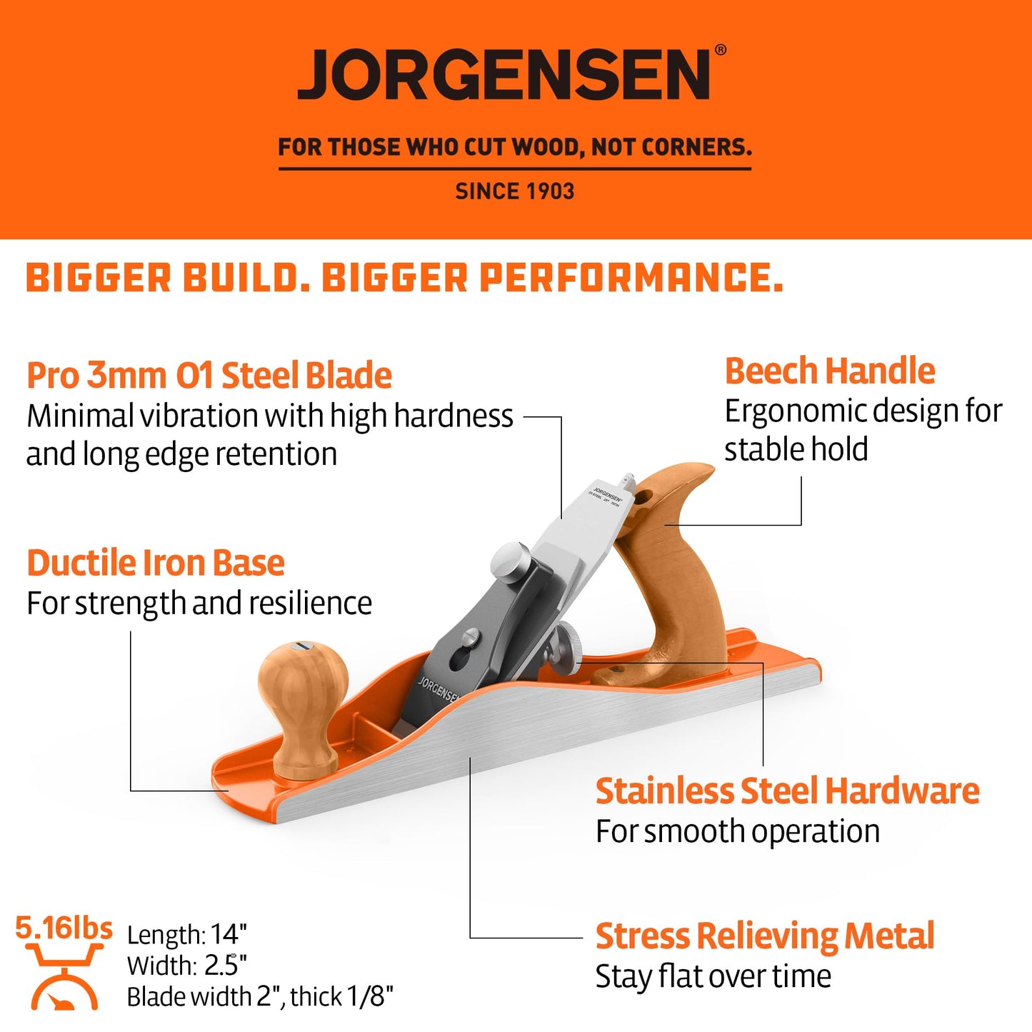 JORGENSEN No.5 Wood Planer - Professional Hand Plane for Flattening & Smoothing Wood, Adjustable Depth, Ergonomic Ductile Iron Body