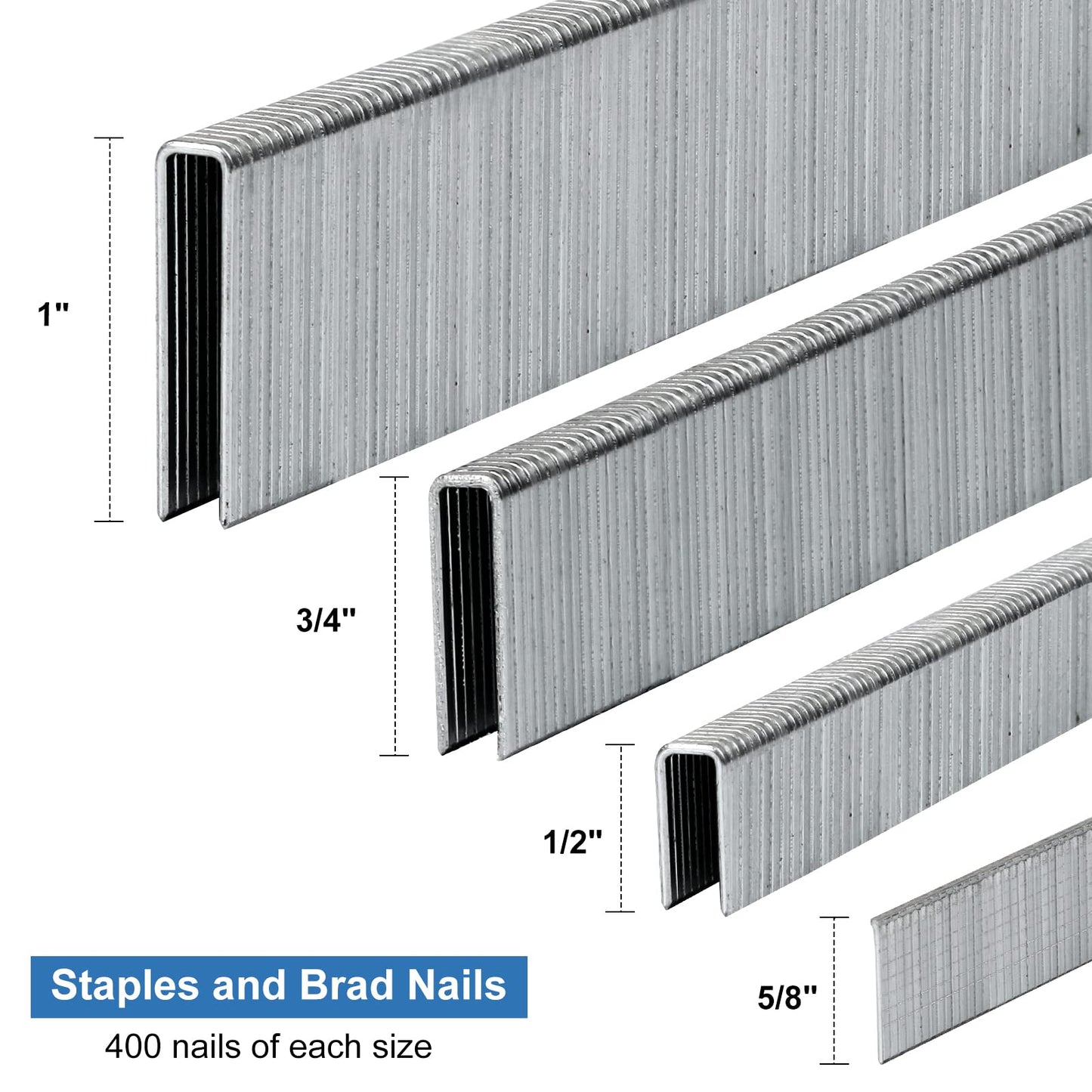 SITLDY 18 Gauge 1600-Count, 1/4 Inch Narrow Crown Staples (1/2"+3/4"+1") and Brad Nails (5/8"), 400 per Size, Galvanized