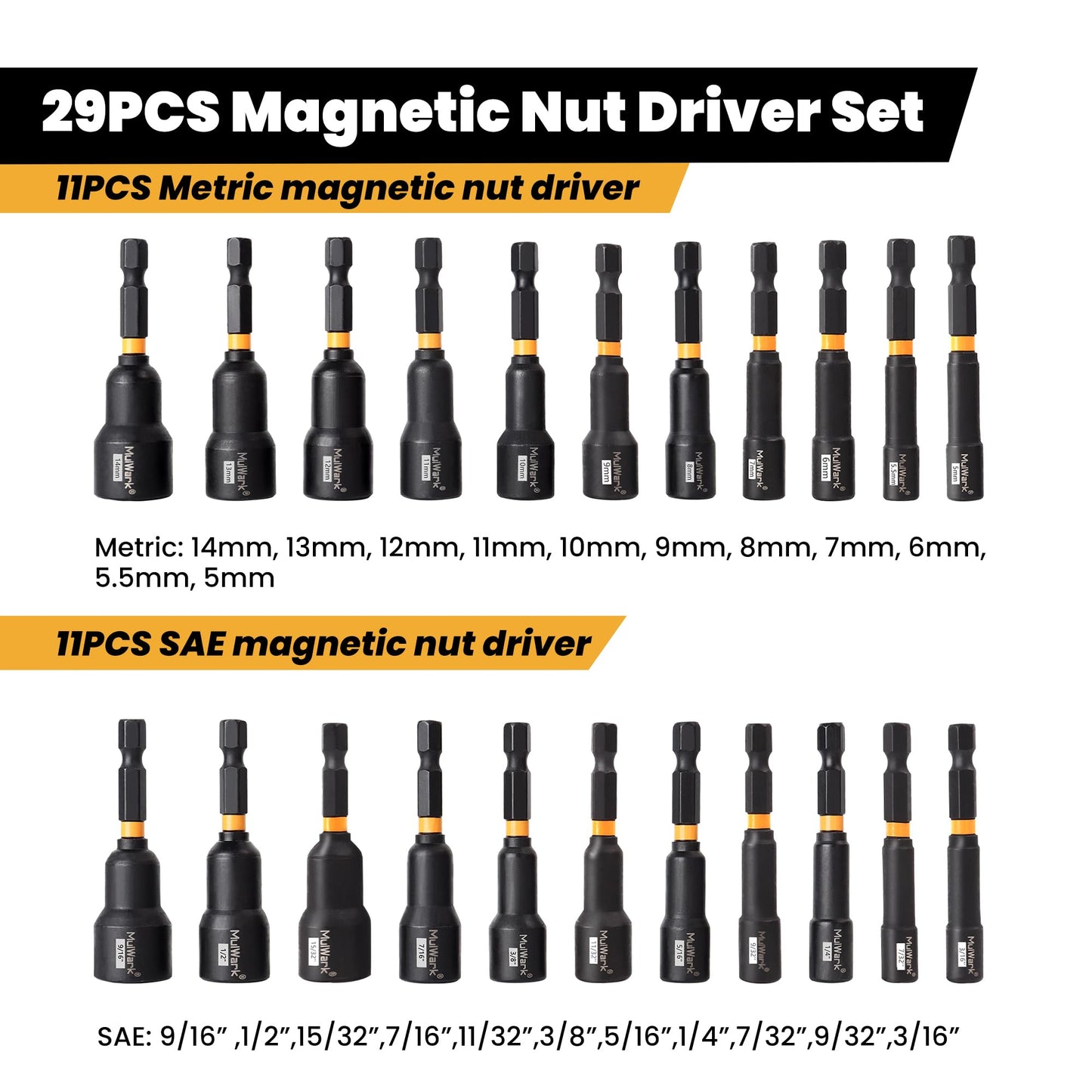 MulWark 29-Piece Magnetic Nut Driver Set, SAE & Metric Impact Drill Socket Adapters with Bit Holder, Quick-Release Extension & Storage Bag