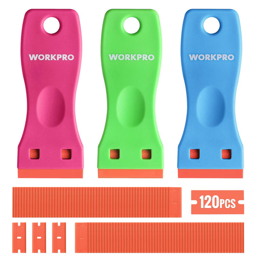 WORKPRO 3-Piece Plastic Razor Scraper with 120 Blades – Gasket, Label & Adhesive Remover for Glass, Windows, and Surfaces