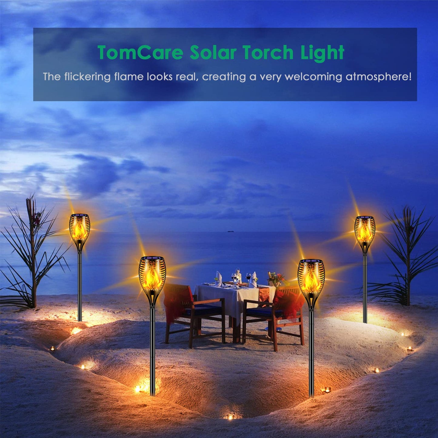 TomCare Solar Torch Lights Outdoor, 43" Flickering Flame Pathway Lights, 99 LED, Waterproof Solar Powered Garden Yard Patio Decor, 4-Pack