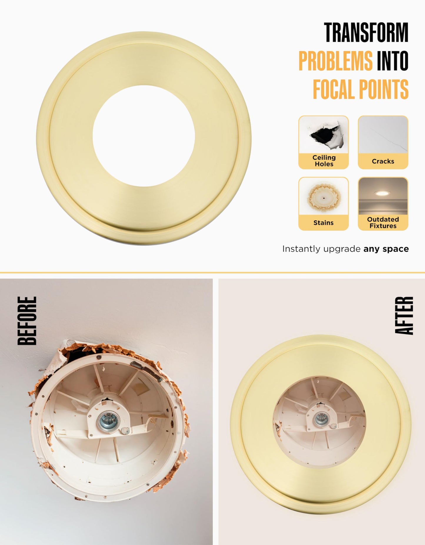 Can Converter Ceiling Medallion for 4", 5", 6" Recessed Lights – Decorative Steel Goof Ring & Cover Plate, Brushed Brass, Small Ceiling Accent