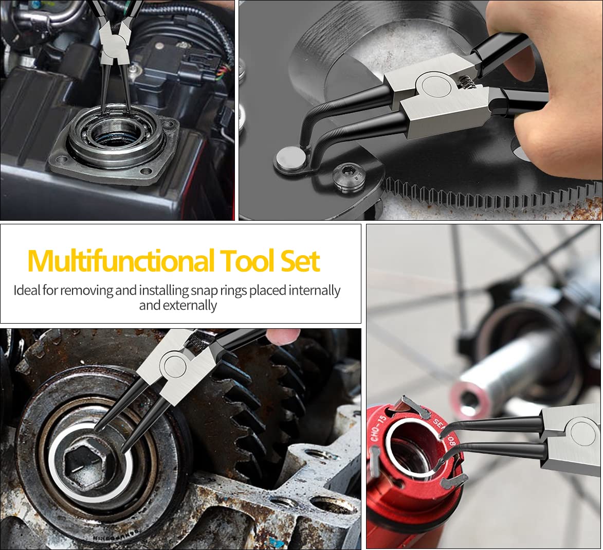 LFSEMINI 4-Piece Snap Ring Pliers Set, 7" Internal & External Circlip Pliers with Straight/Bent Jaws, Spring-Loaded Heavy-Duty Tool Kit